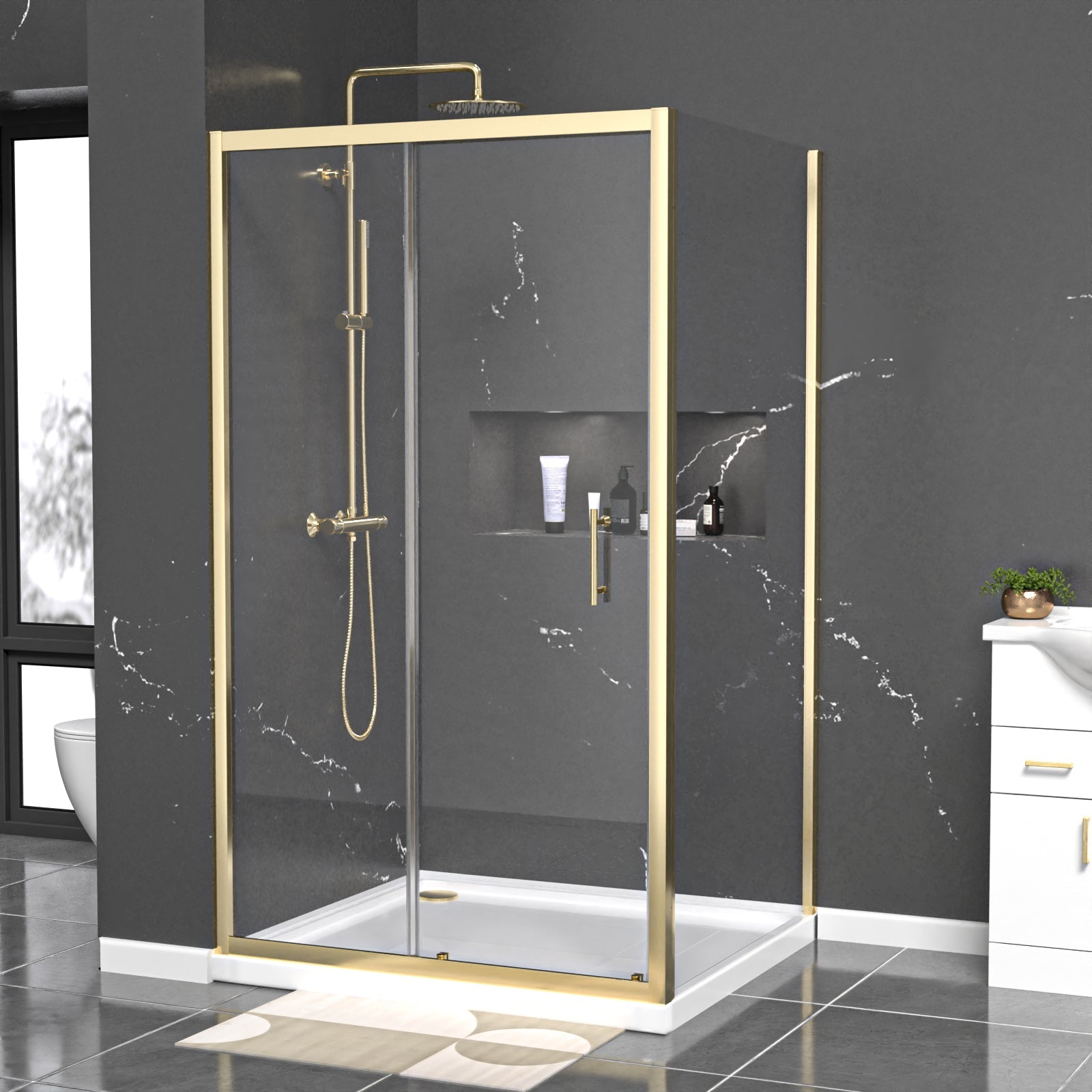 Manga 1100 x 900mm Shower Enclosure Sliding Door, Panel & Tray Brushed Brass