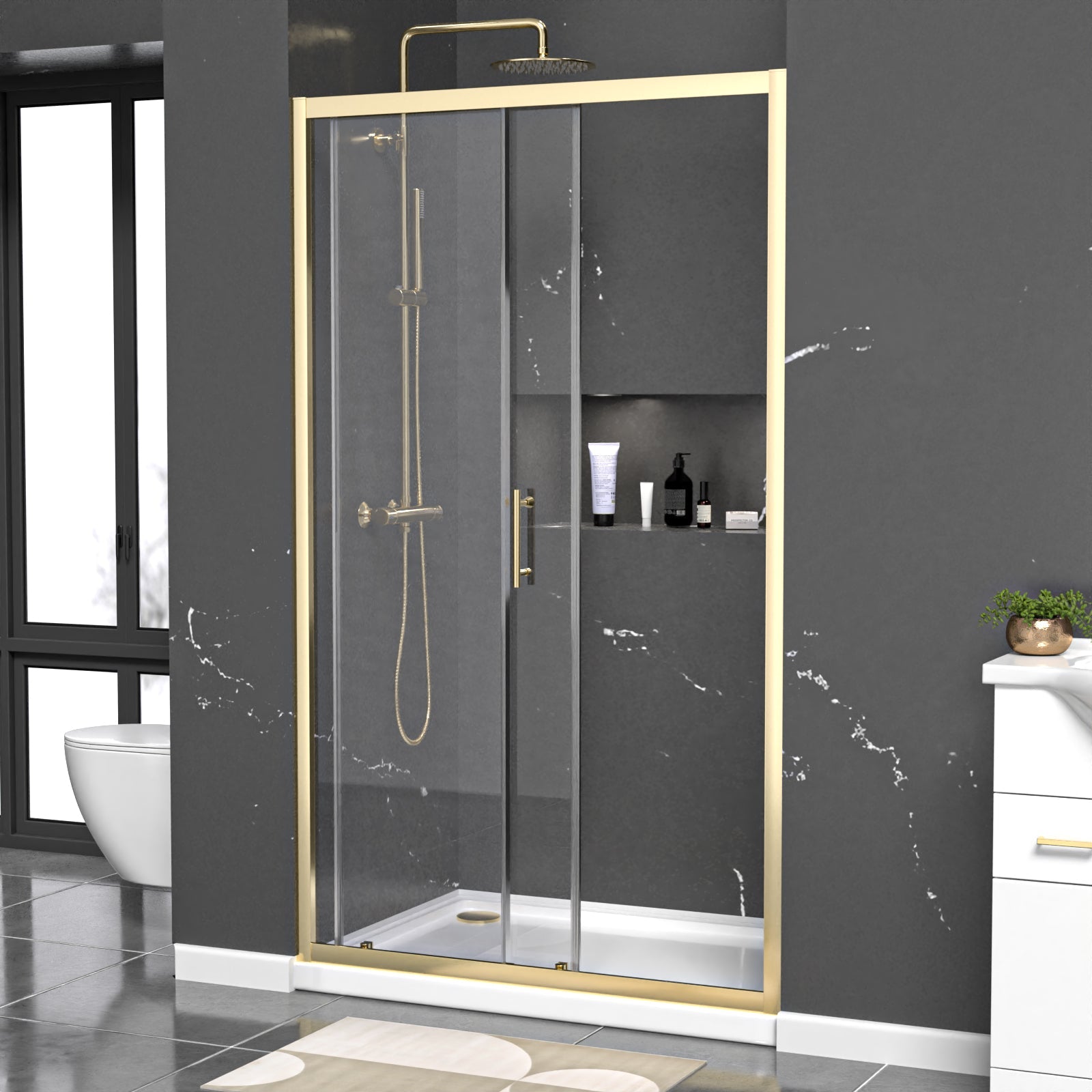 Manga 1100mm x 1850mm Shower Enclosure 6mm Glass Slider Door Brushed Brass