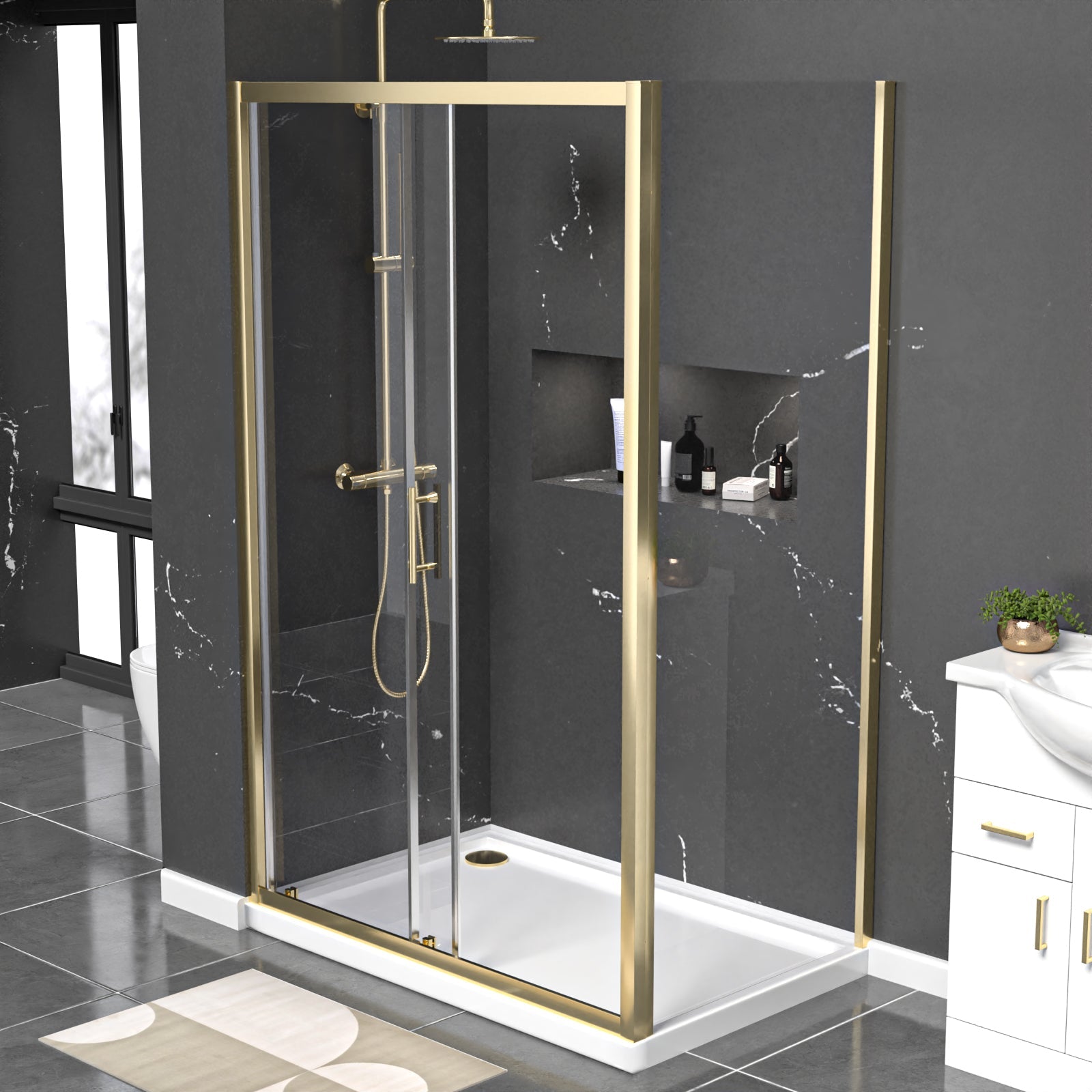 Manga 1200 x 700mm Shower Enclosure Sliding Door, Panel & Tray Brushed Brass
