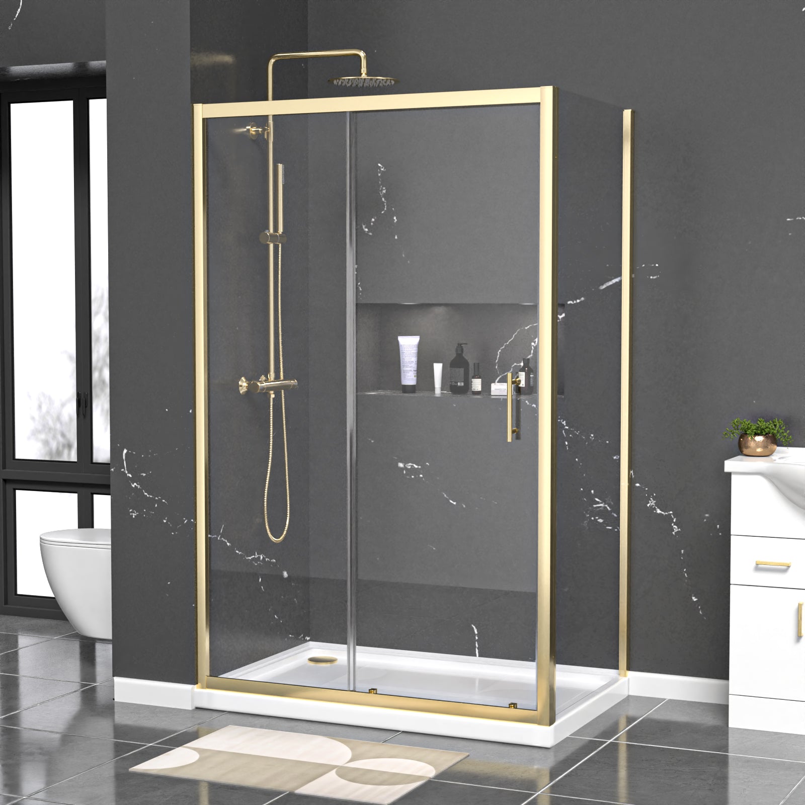 Manga 1200 x 700mm Shower Enclosure Sliding Door, Panel & Tray Brushed Brass
