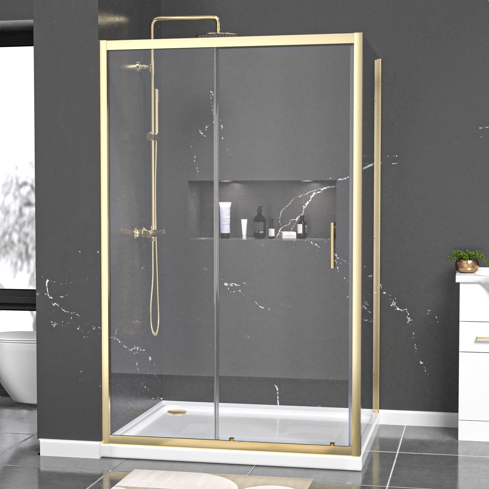Brushed Brass 1200 x 900mm Shower Enclosure Sliding Door Panel & Tray