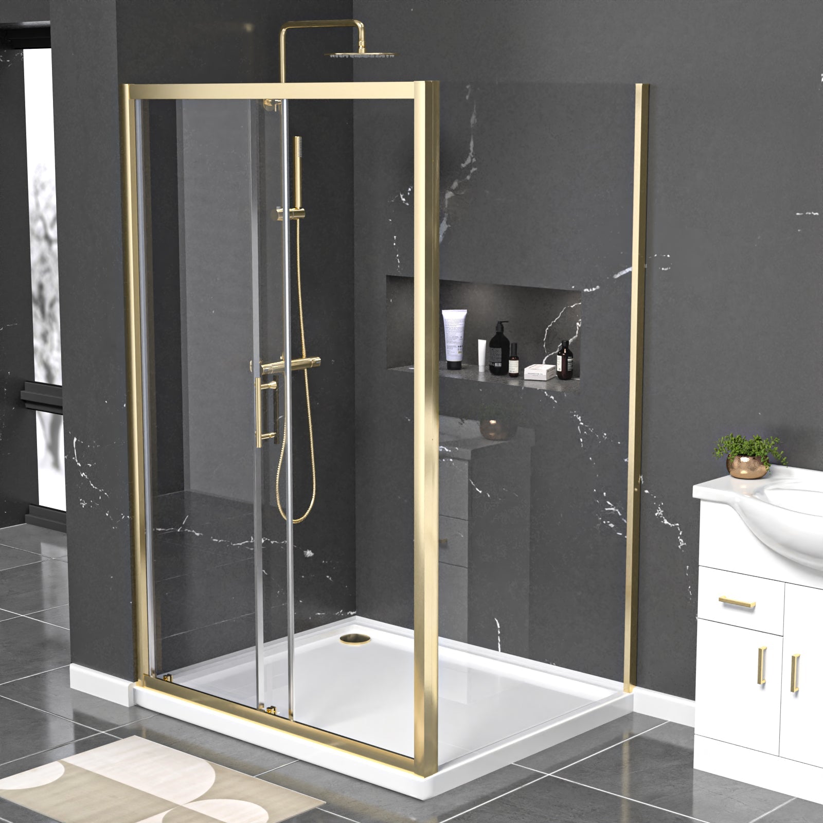 Brushed Brass 1200 x 900mm Shower Enclosure Sliding Door Panel & Tray
