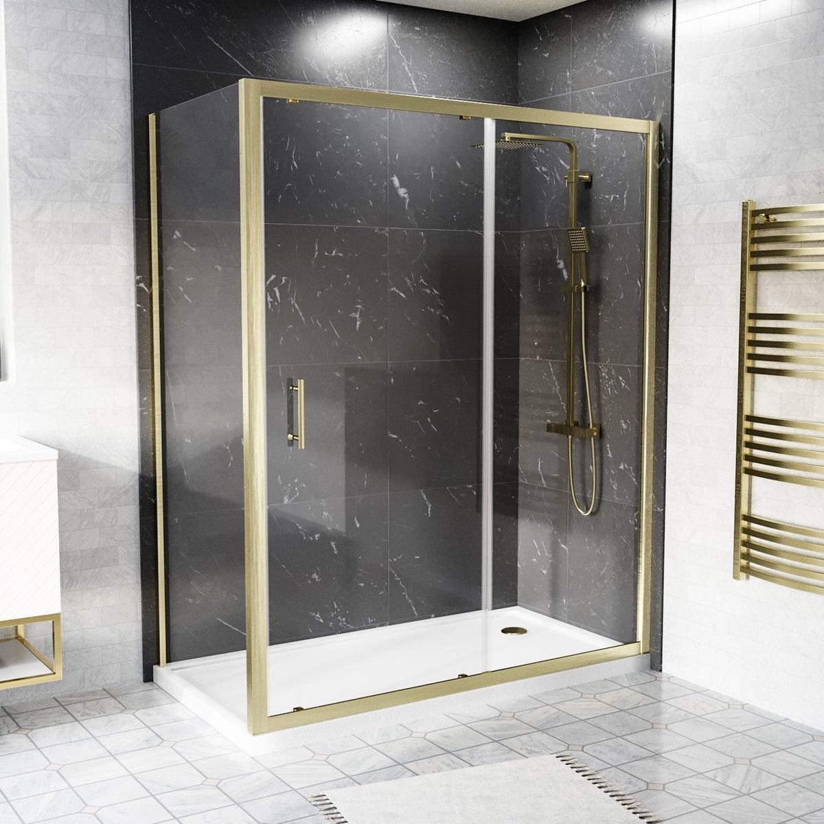 Shower 1500 x 1850mm Slider Door With 1000 x 1850mm Side Panel - Brushed Brass