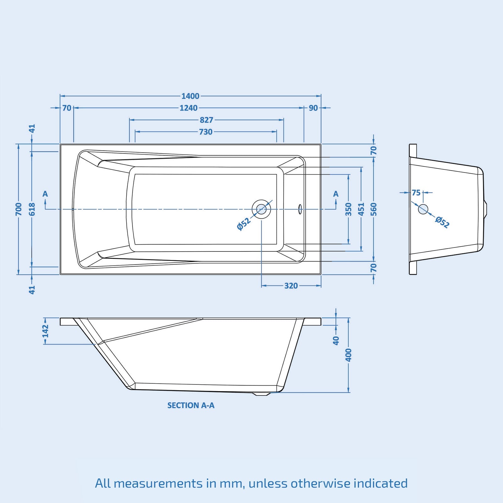 Dylan 1400 x 700mm Square Single Ended Bath with Bath Leg
