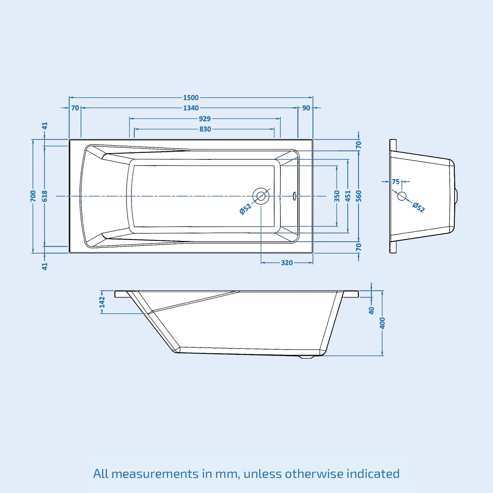 Dylan 1500 x 700mm Square Single Ended Bath with Bath Leg