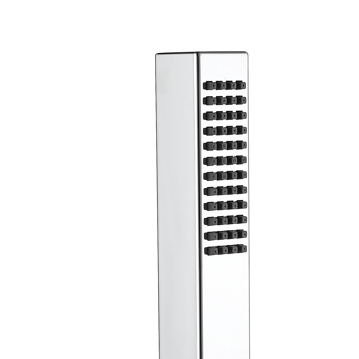 Tall, rectangular shower head with multiple nozzles on a white background