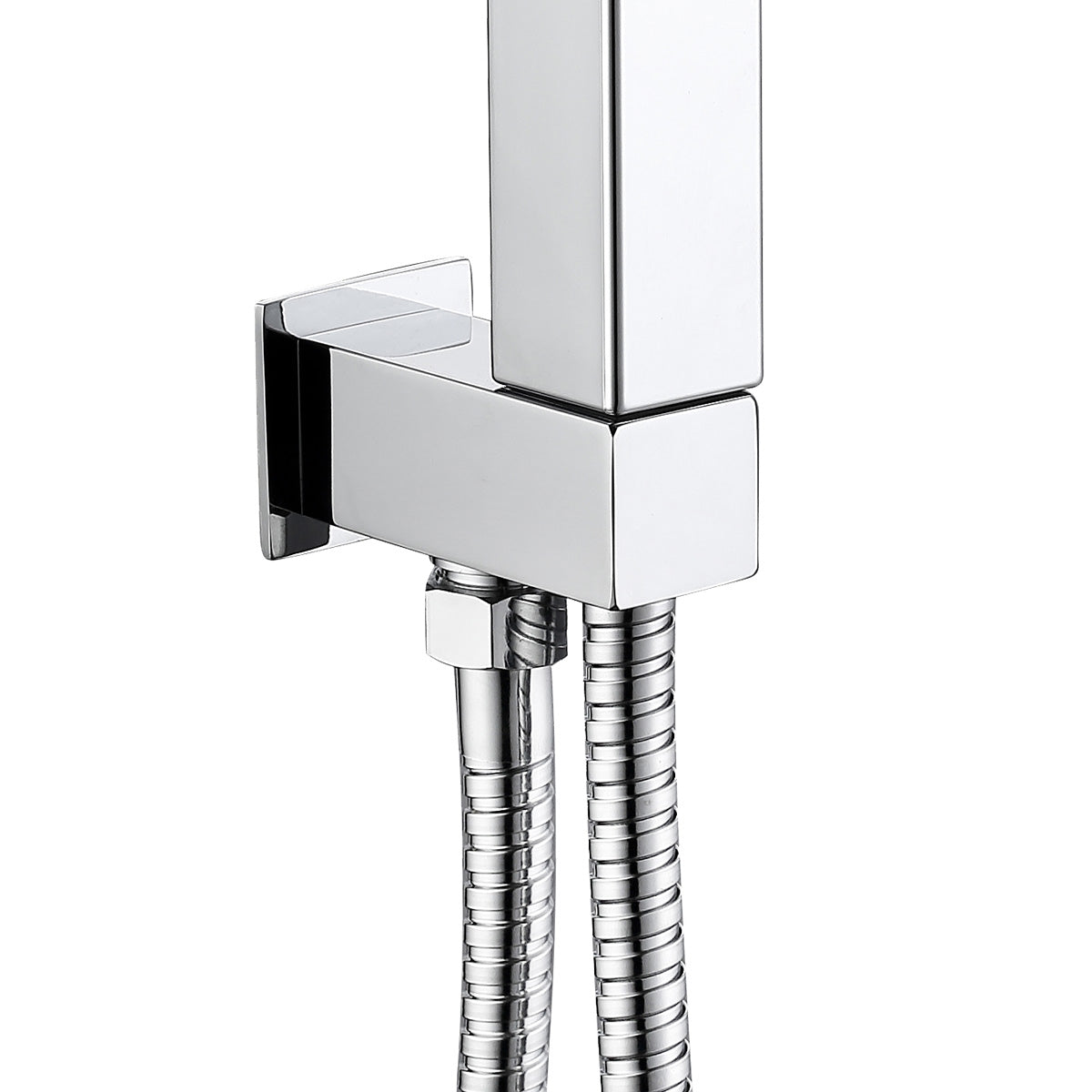 Chrome shower head with flexible hose on a white background