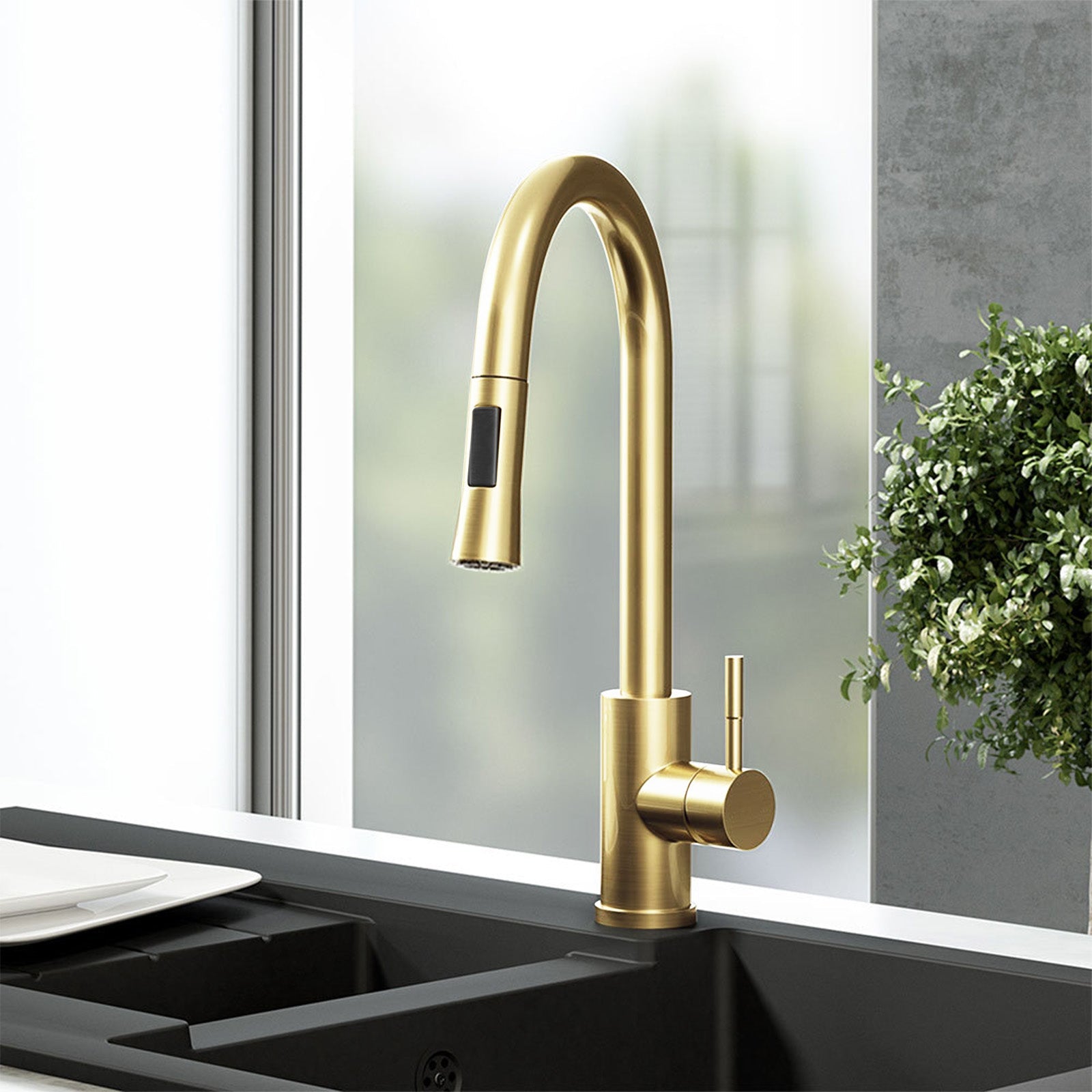 Brushed Brass Modern Pull Out Kitchen Mixer Tap