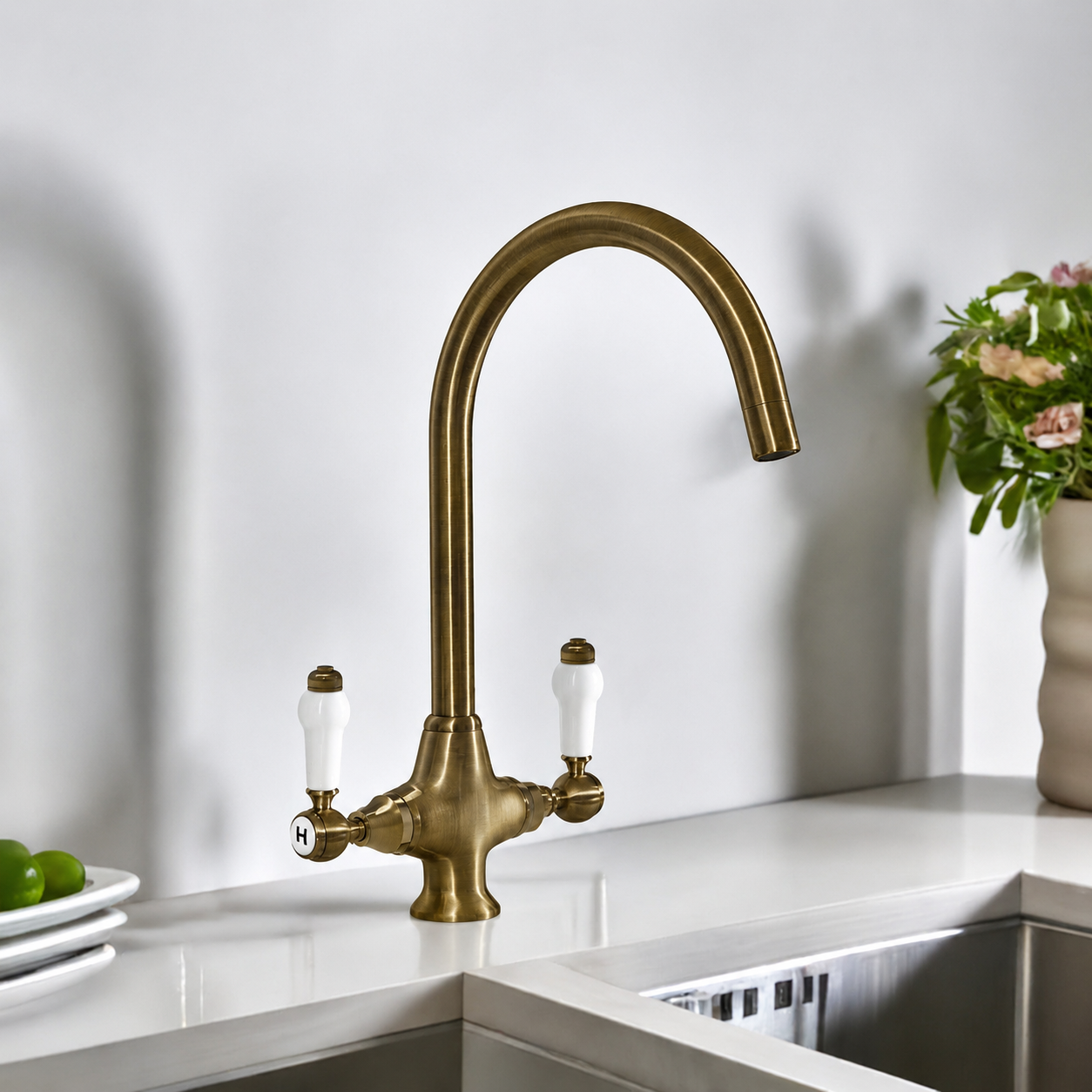 Twin Lever Brass Kitchen Sink Mixer Mono Tap Solid Antique Brass