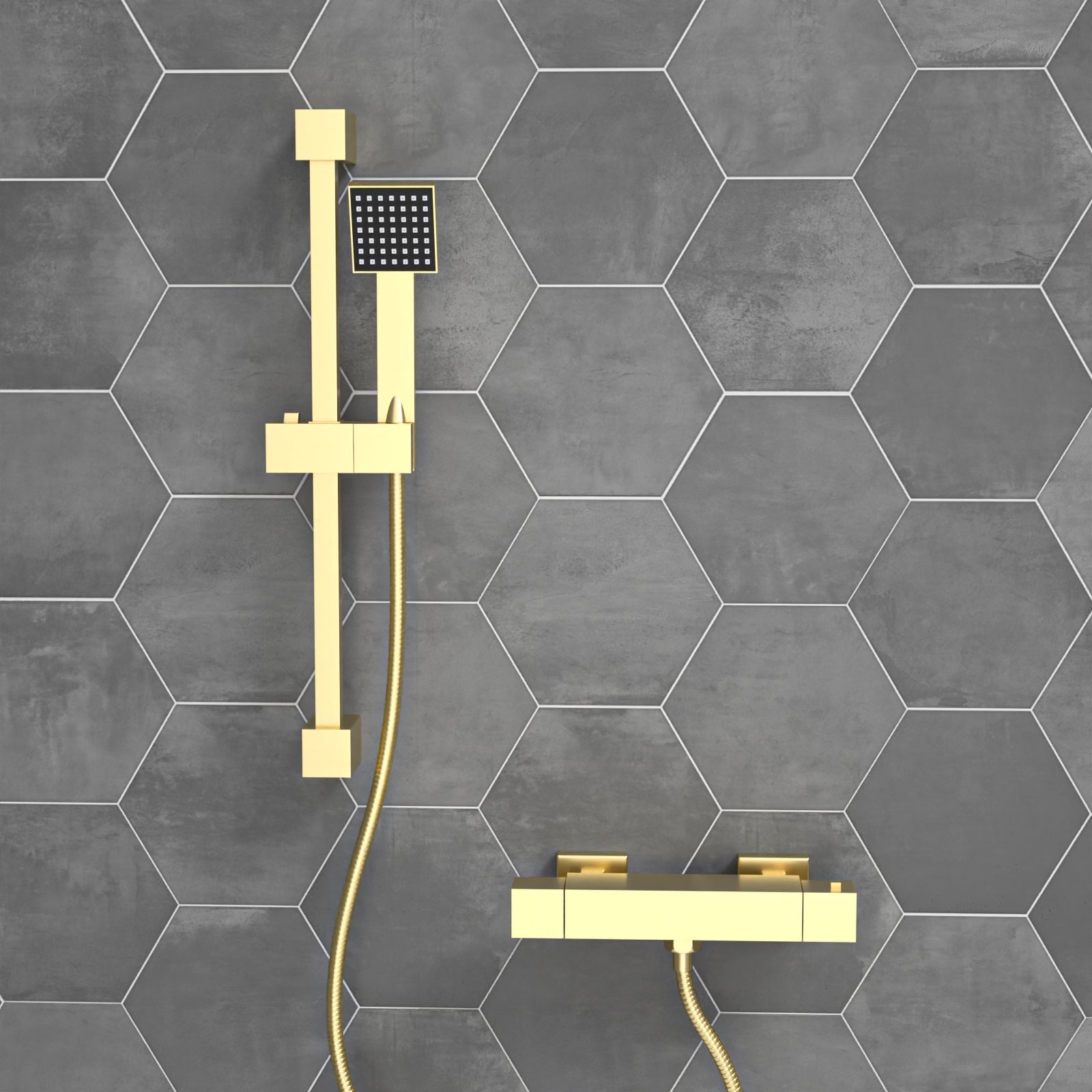 Square Thermostatic Mixer With Slider Rail & Handset Brushed Brass