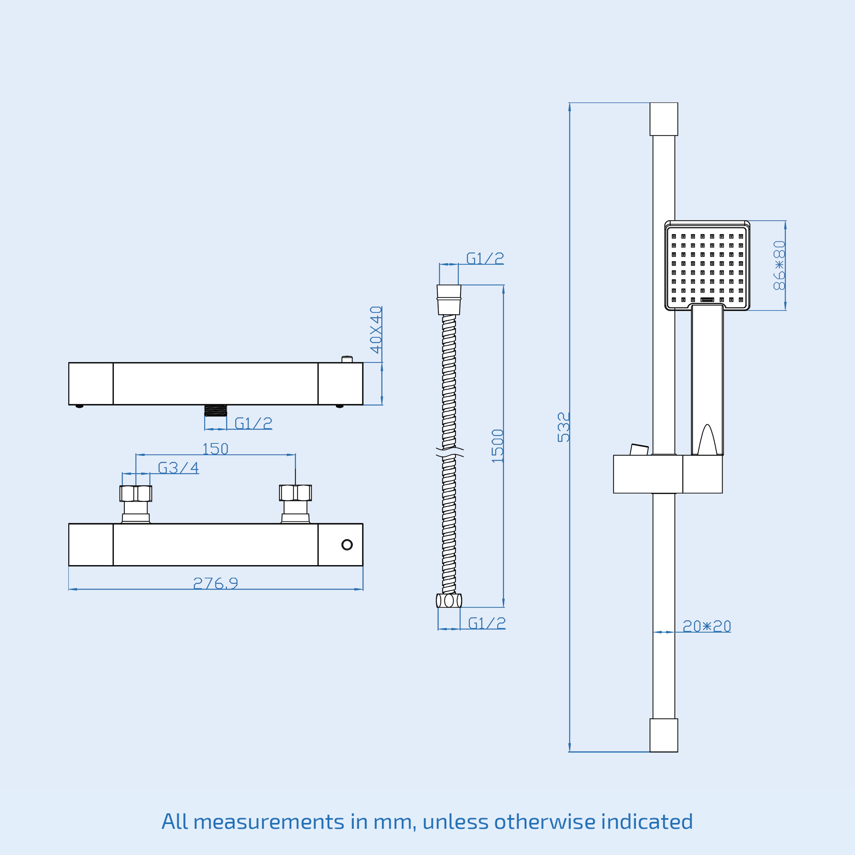 Square Thermostatic Mixer With Slider Rail & Handset Brushed Brass