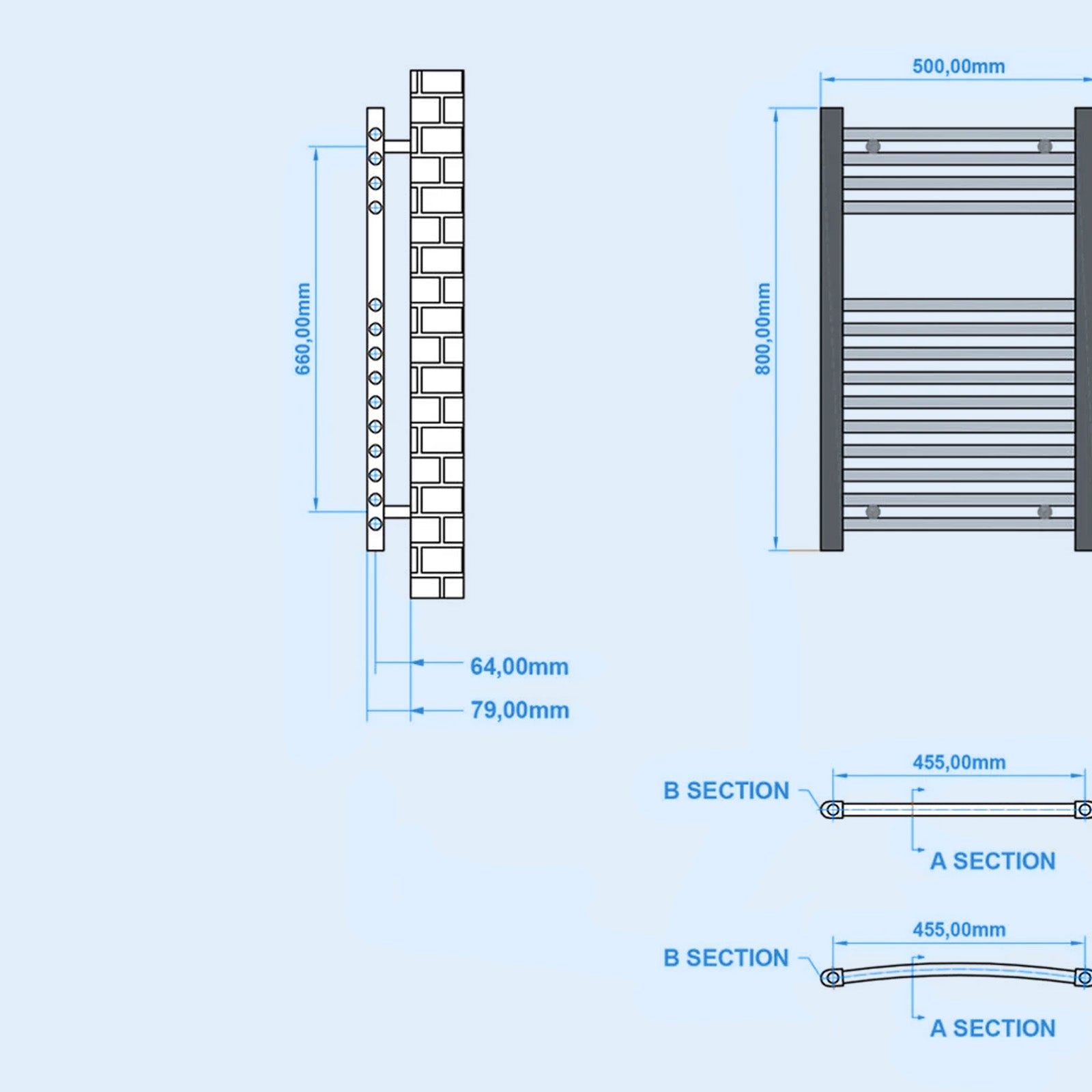 Chrome Straight Bathroom Towel Radiator 800 x 500 mm