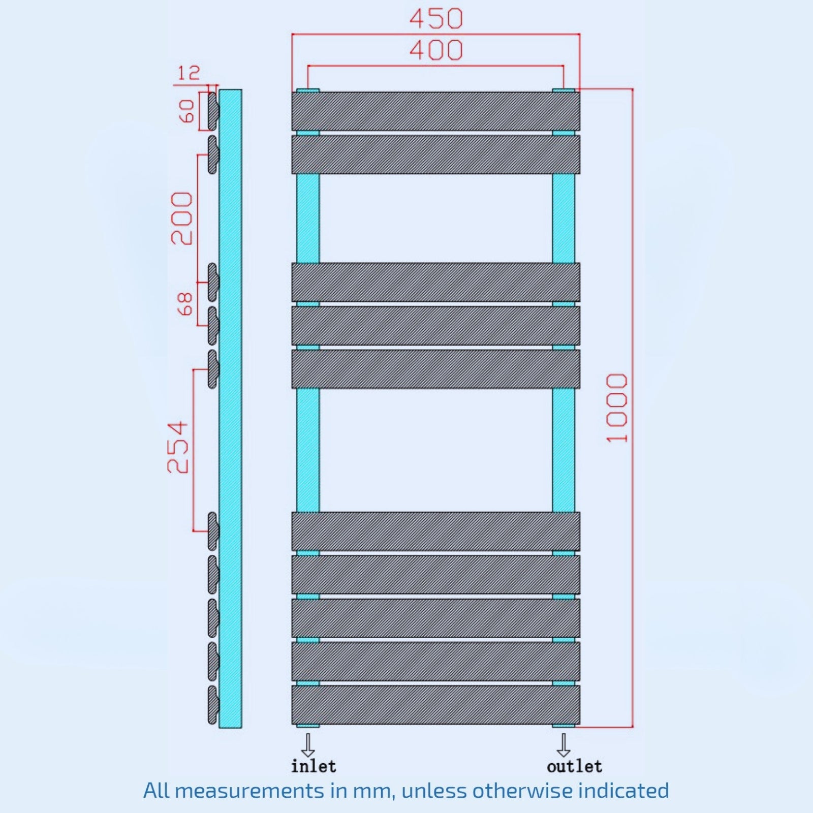 1000mm H x 450mm W Anthracite Flat Panel Heated Towel Rail Radiator