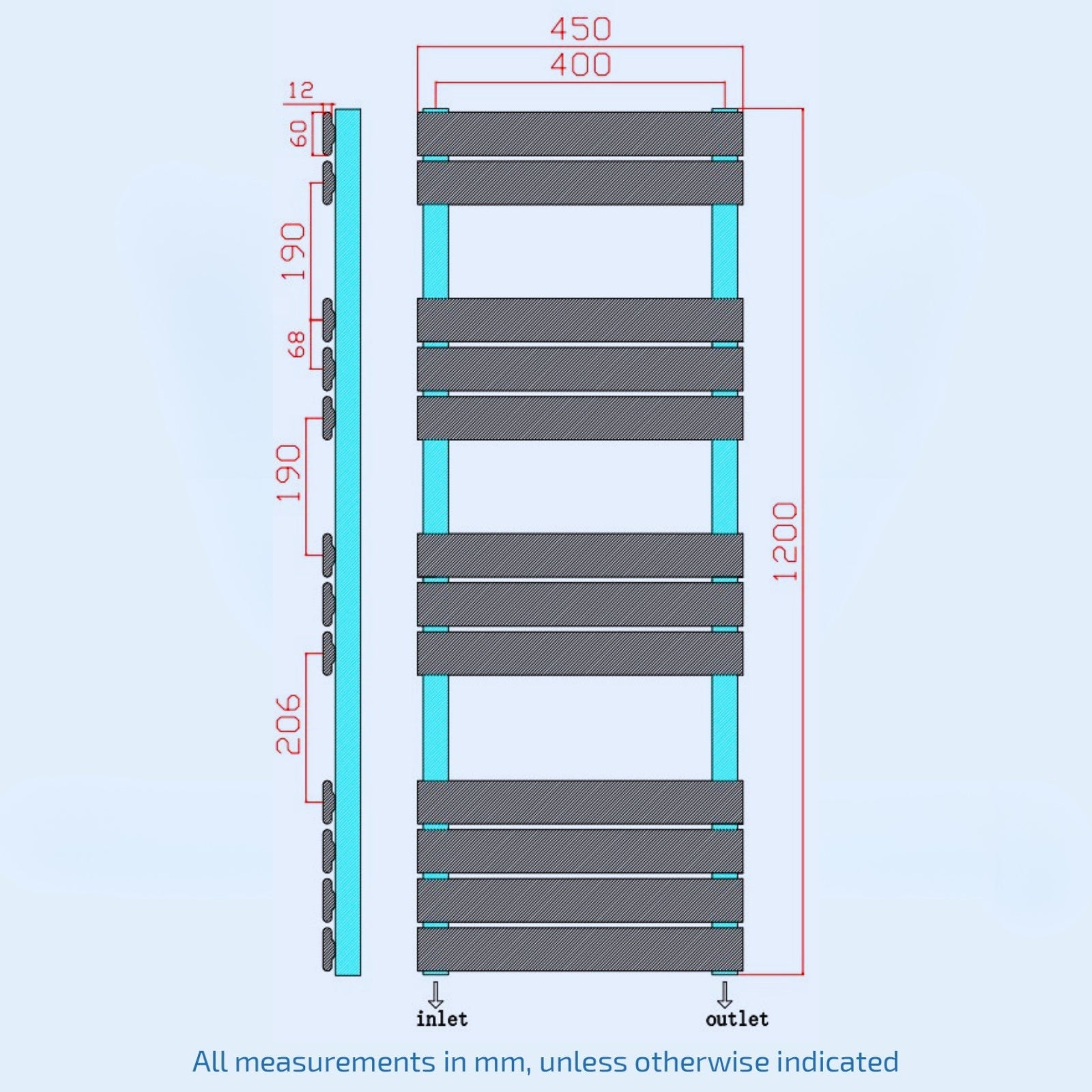 1200mm H x 450mm W Anthracite Flat Panel Heated Towel Rail Radiator