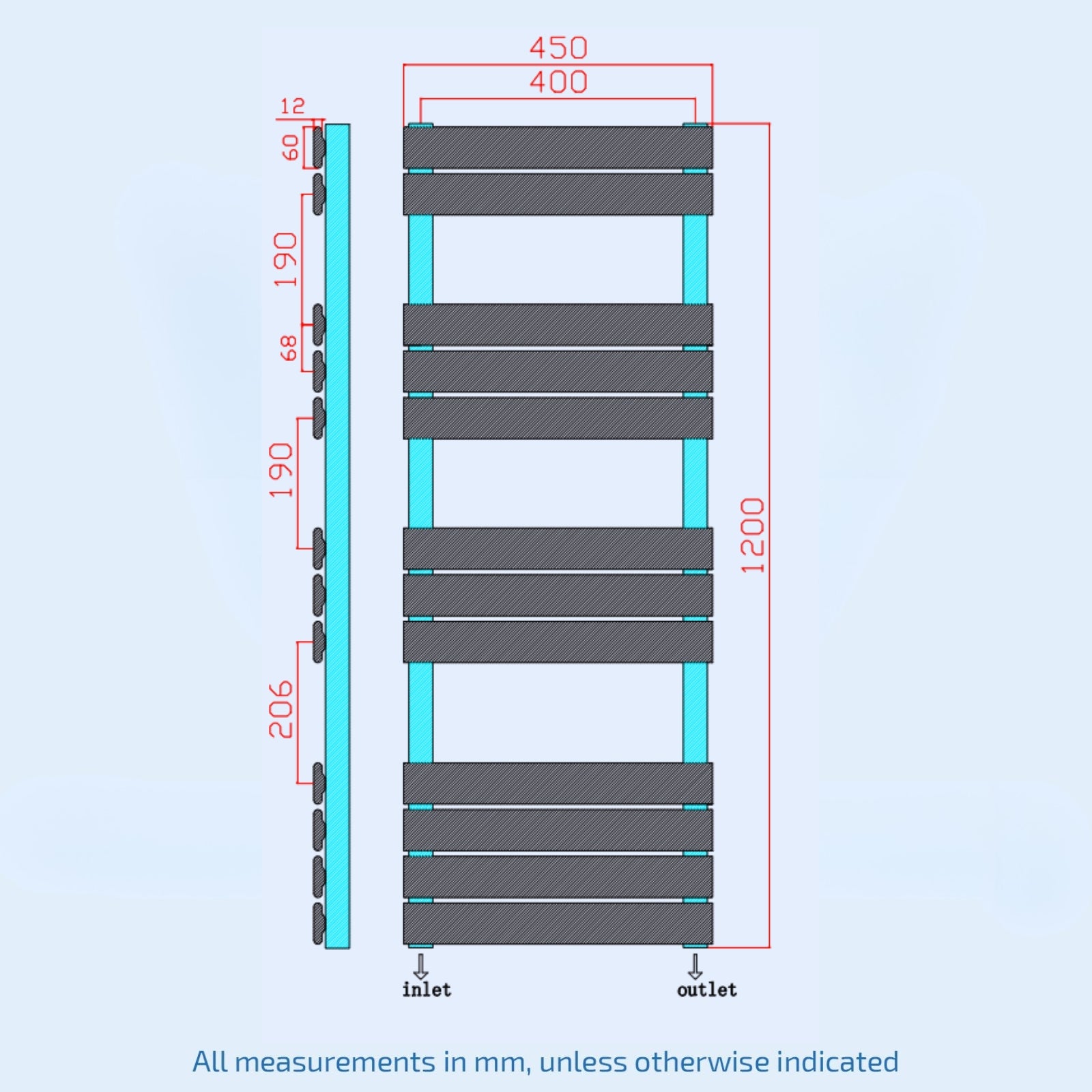 1200mm H x 450mm W Flat Panel Heated Towel Rail Radiator