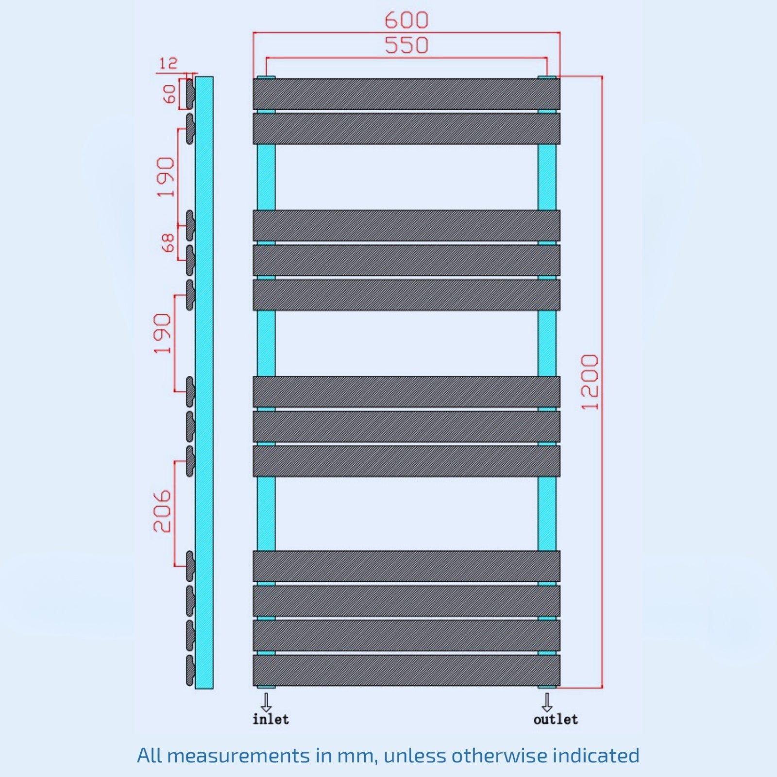 1200mm H x 600mm W Flat Panel Heated Towel Rail Radiator