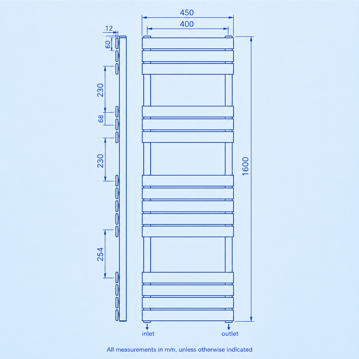 1600mm H X 450mm W Anthracite Vertical Flat Panel Towel Radiator Heated Rail