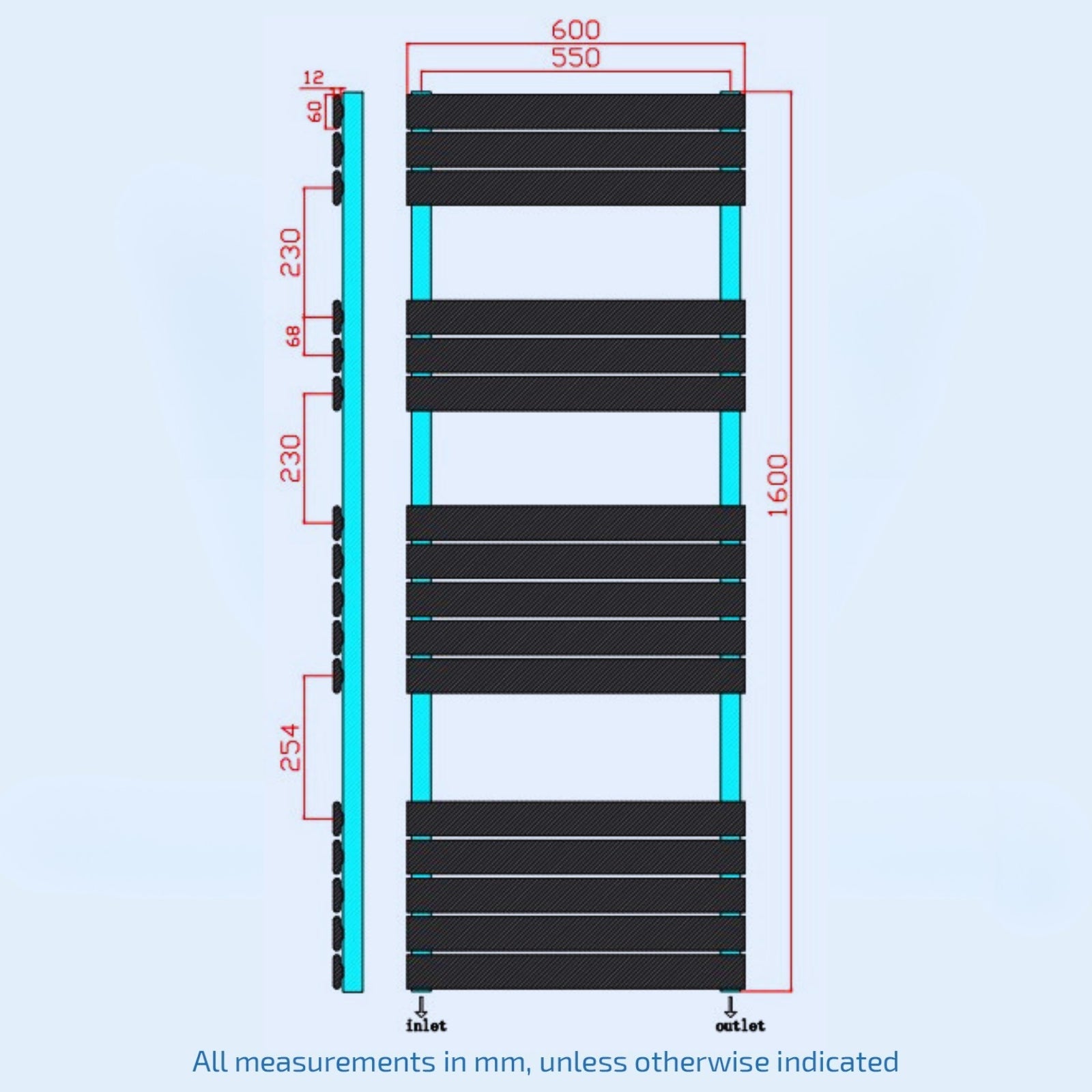 1600mm H X 600mm W Anthracite Vertical Flat Panel Towel Radiator Heated Rail