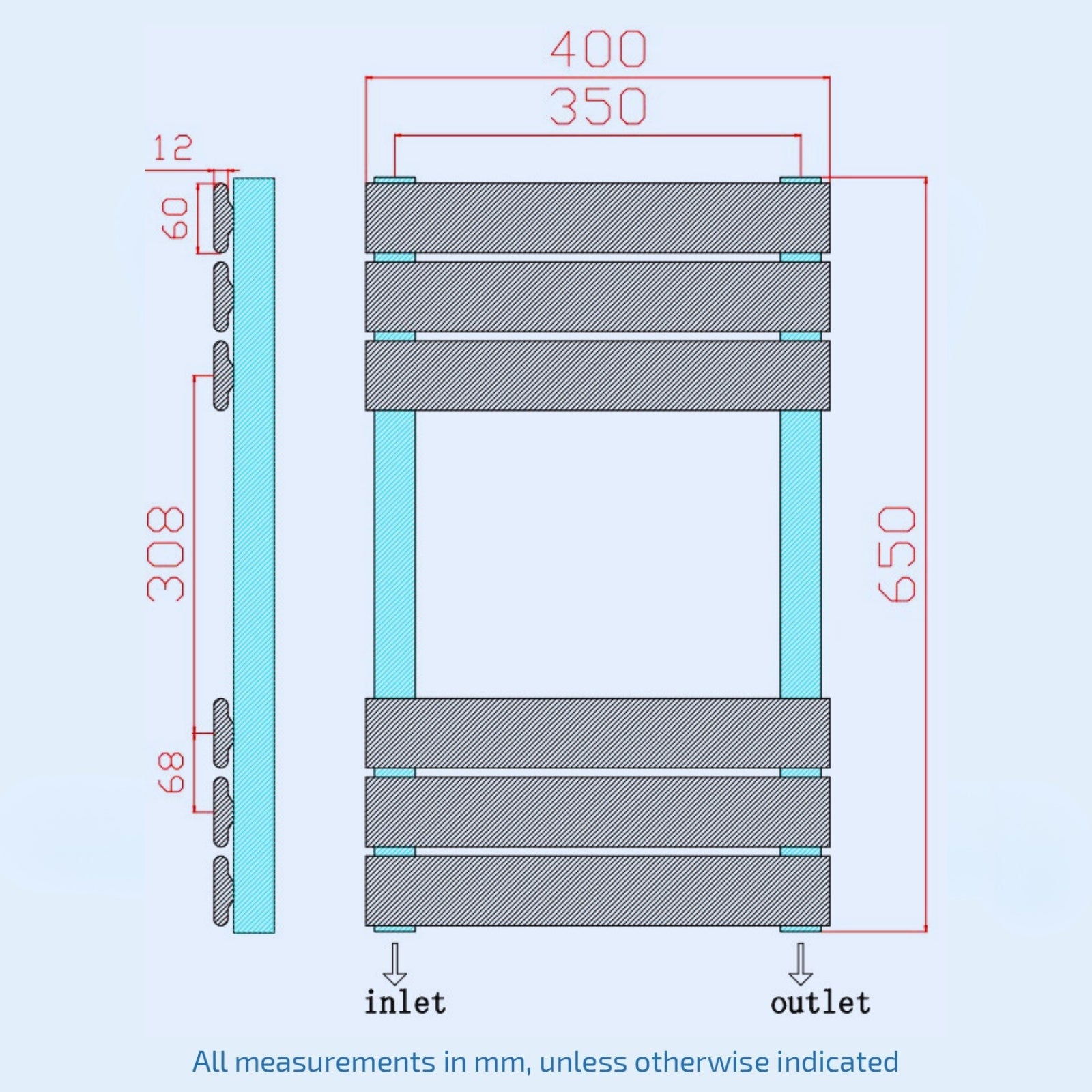 650mm H x 400mm W Anthracite Flat Panel Heated Towel Rail Radiator