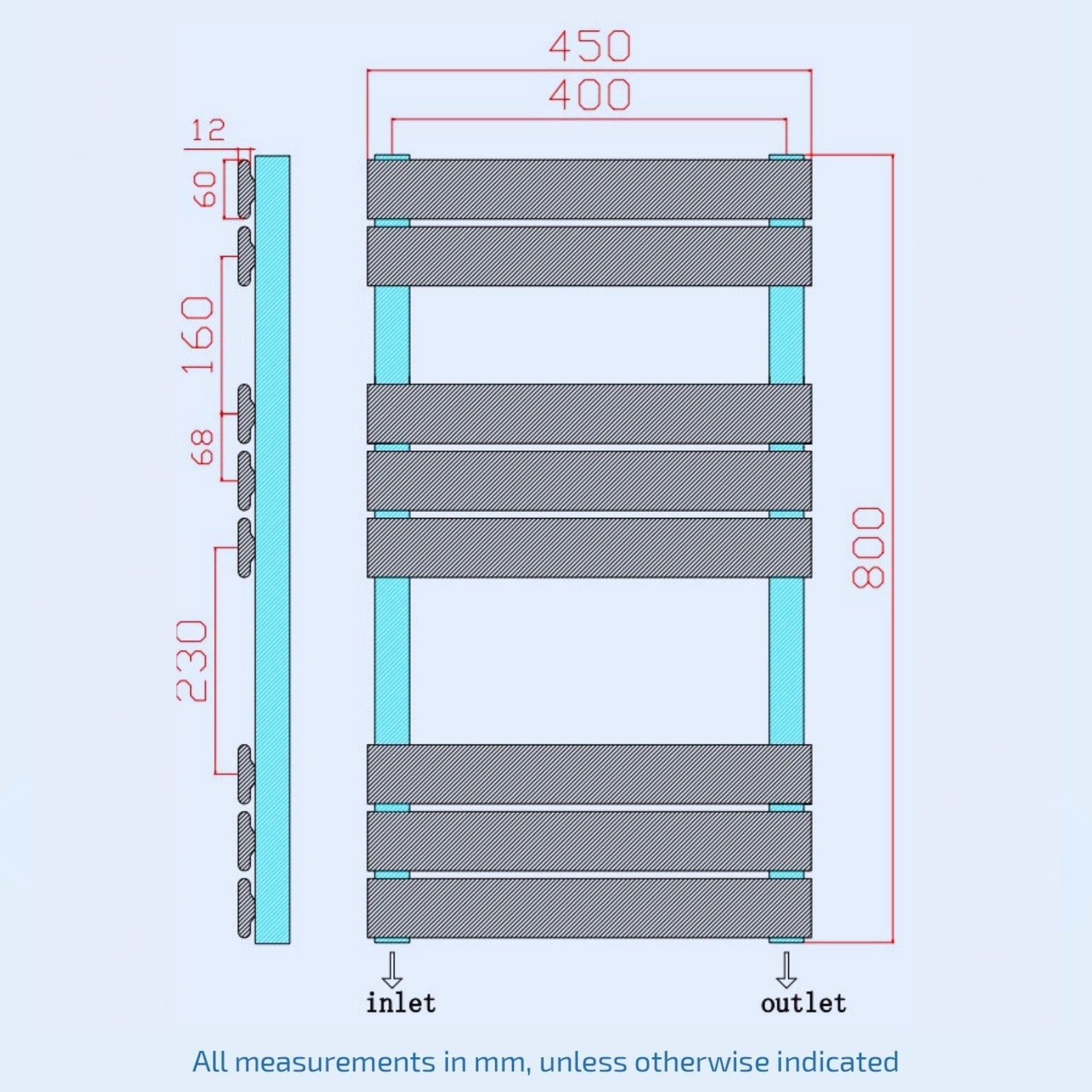 800mm H x 450mm W Anthracite Flat Panel Heated Towel Rail Radiator