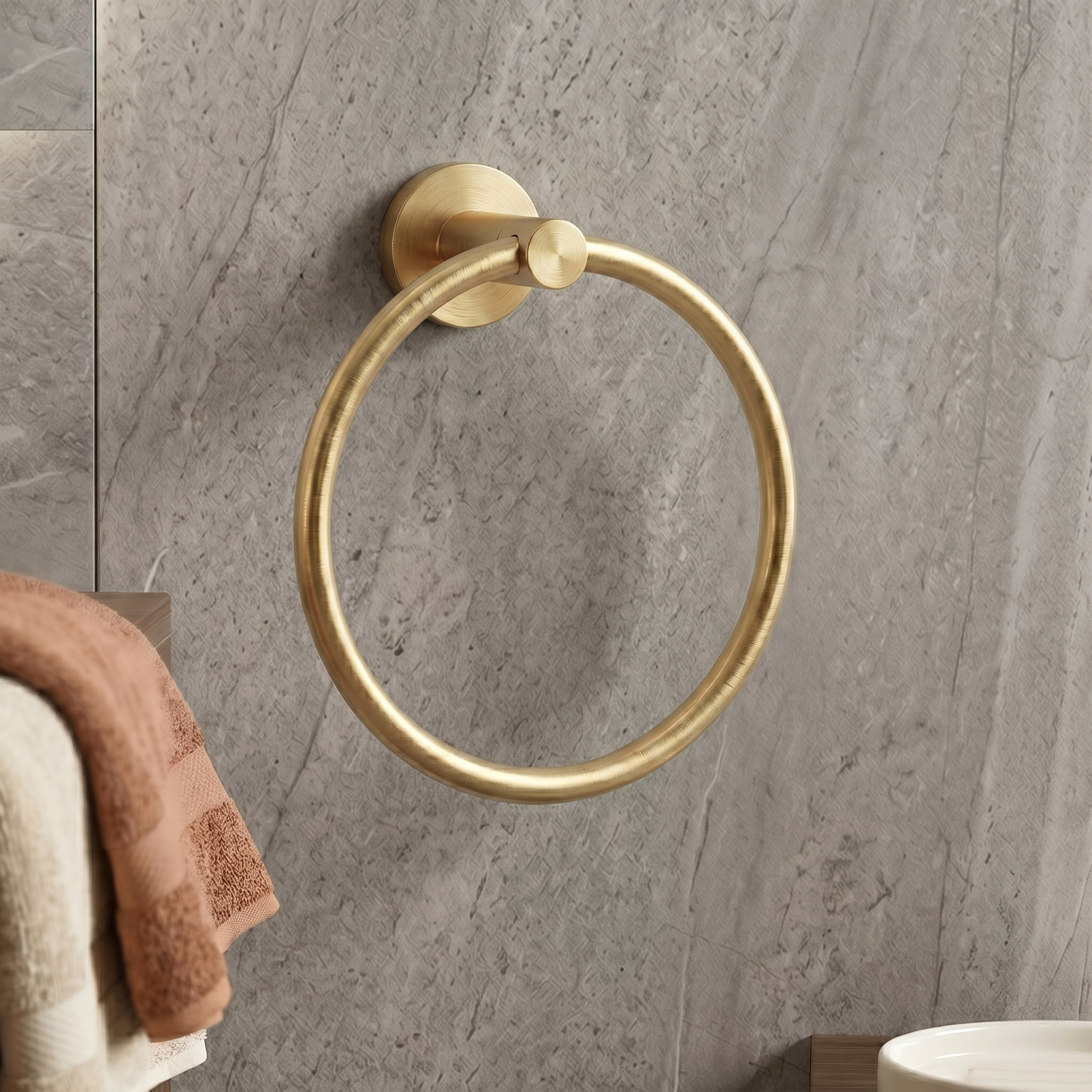 Solid Modern Brushed Brass Metal Bathroom Wall Mounted Towel Ring