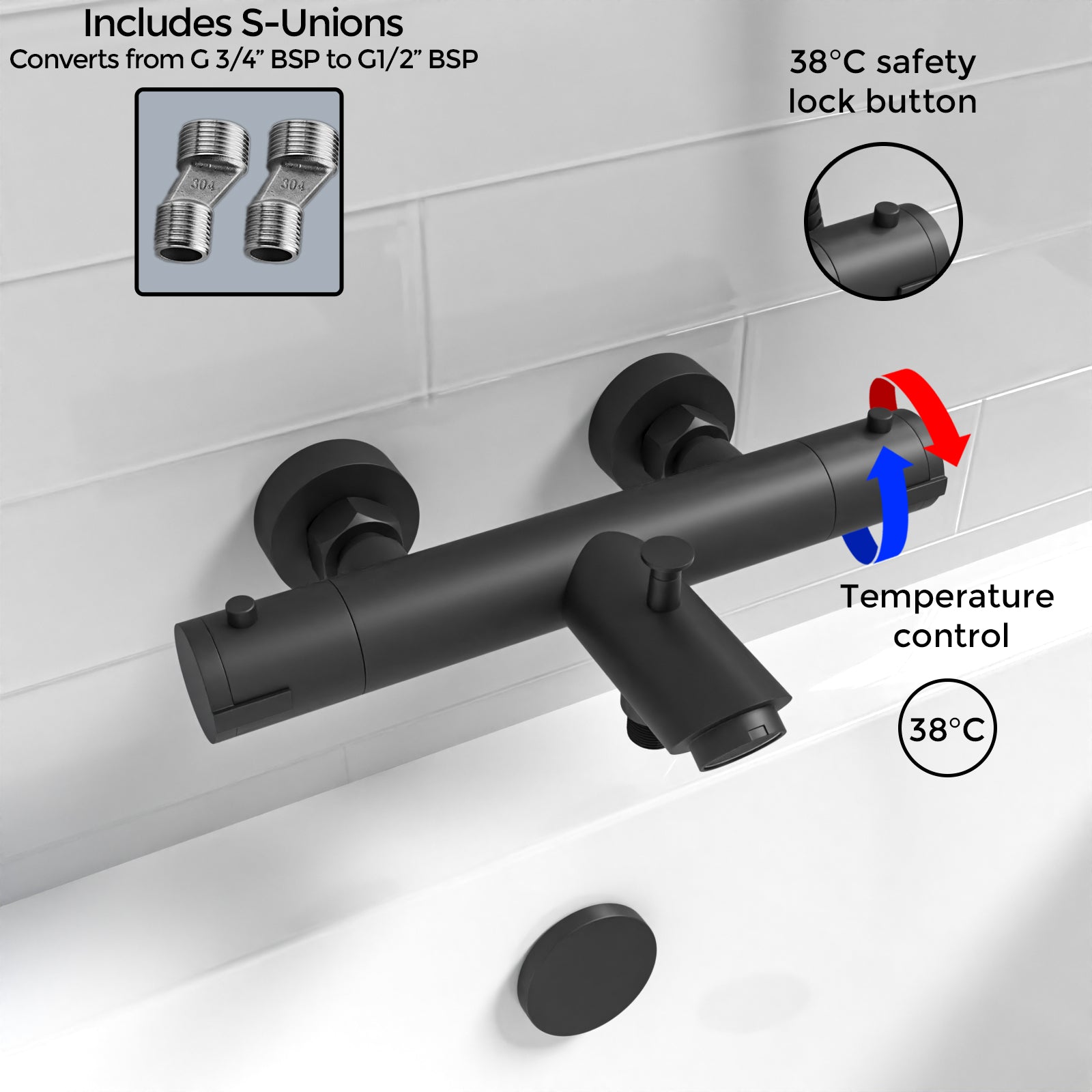 Wall Mounted Thermostatic Black Bath Shower Mixer Tap