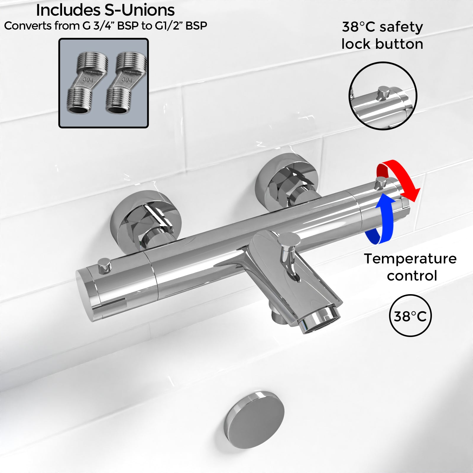 Wall Mounted Thermostatic Chrome Bath Shower Mixer Tap