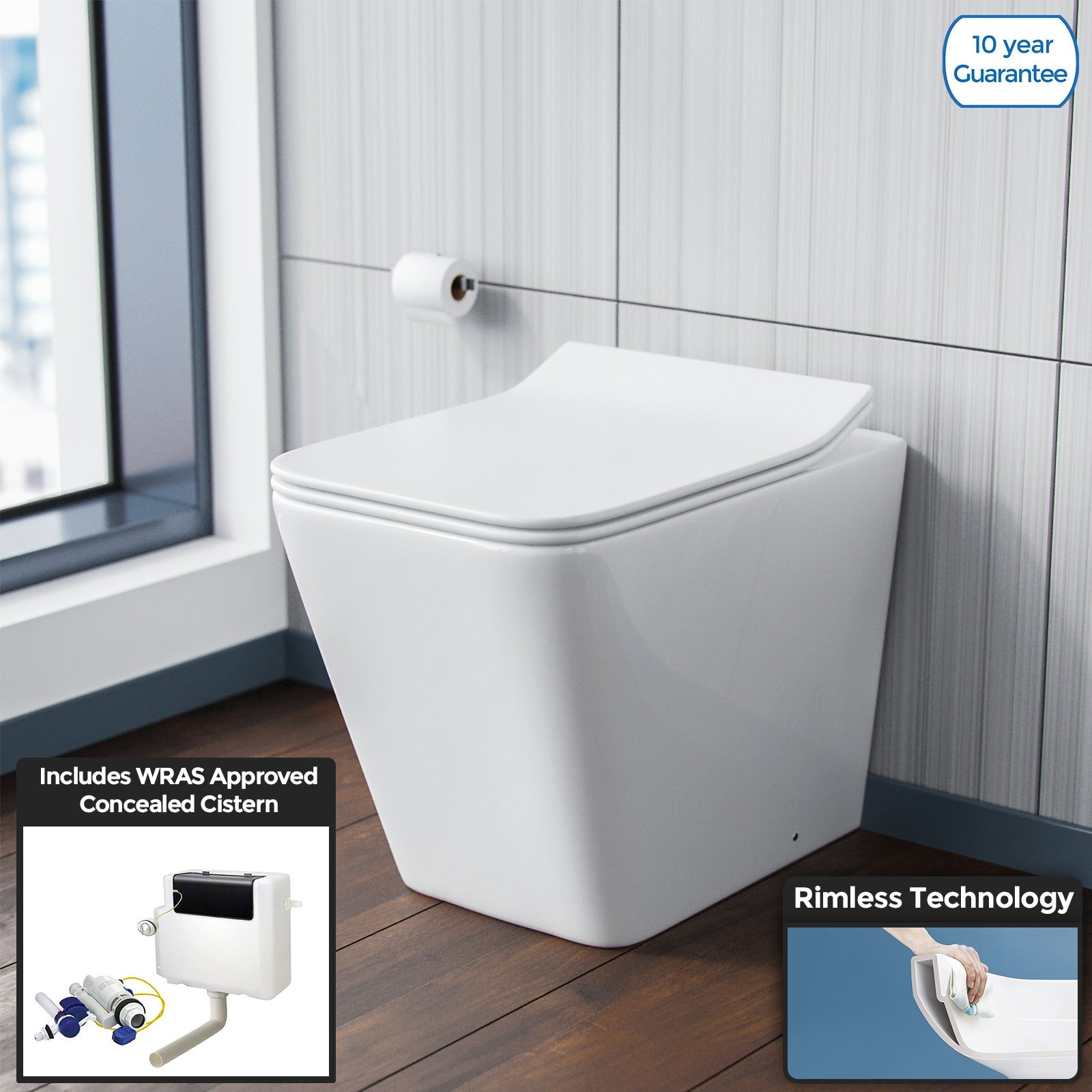 Inton Square Back To Wall Rimless Toilet Pan With Soft Close Seat + WRAS Approved Concealed Cistern