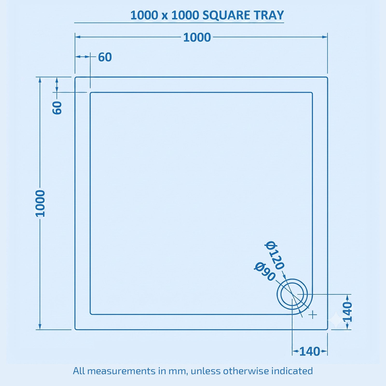 Slim 1000 x 1000 Square Stone Resin Shower Tray For Wetroom Enclosure