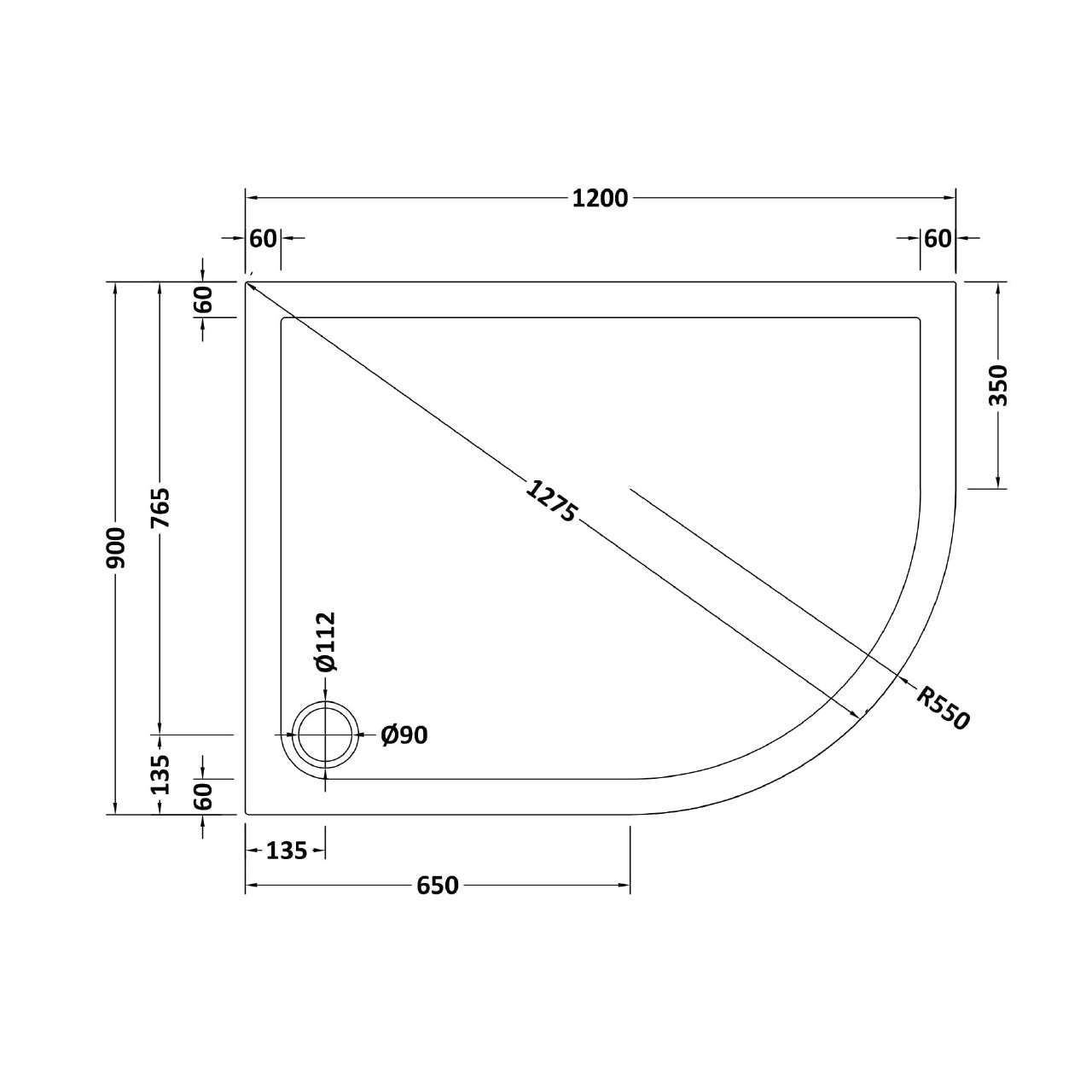 RH 1200 x 900mm Offset Quadrant Shower Enclosure Brushed Brass & Tray