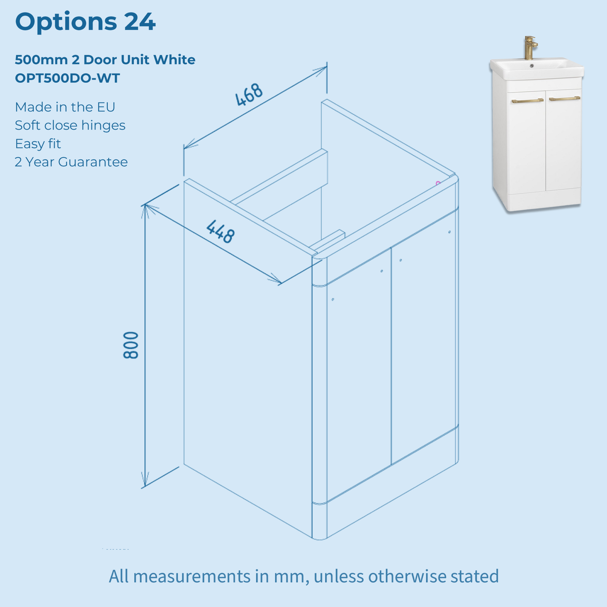 Kartell Options 24 500mm White 2 Door Vanity Unit & 500mm Rectangular Floorstanding Basin with handles