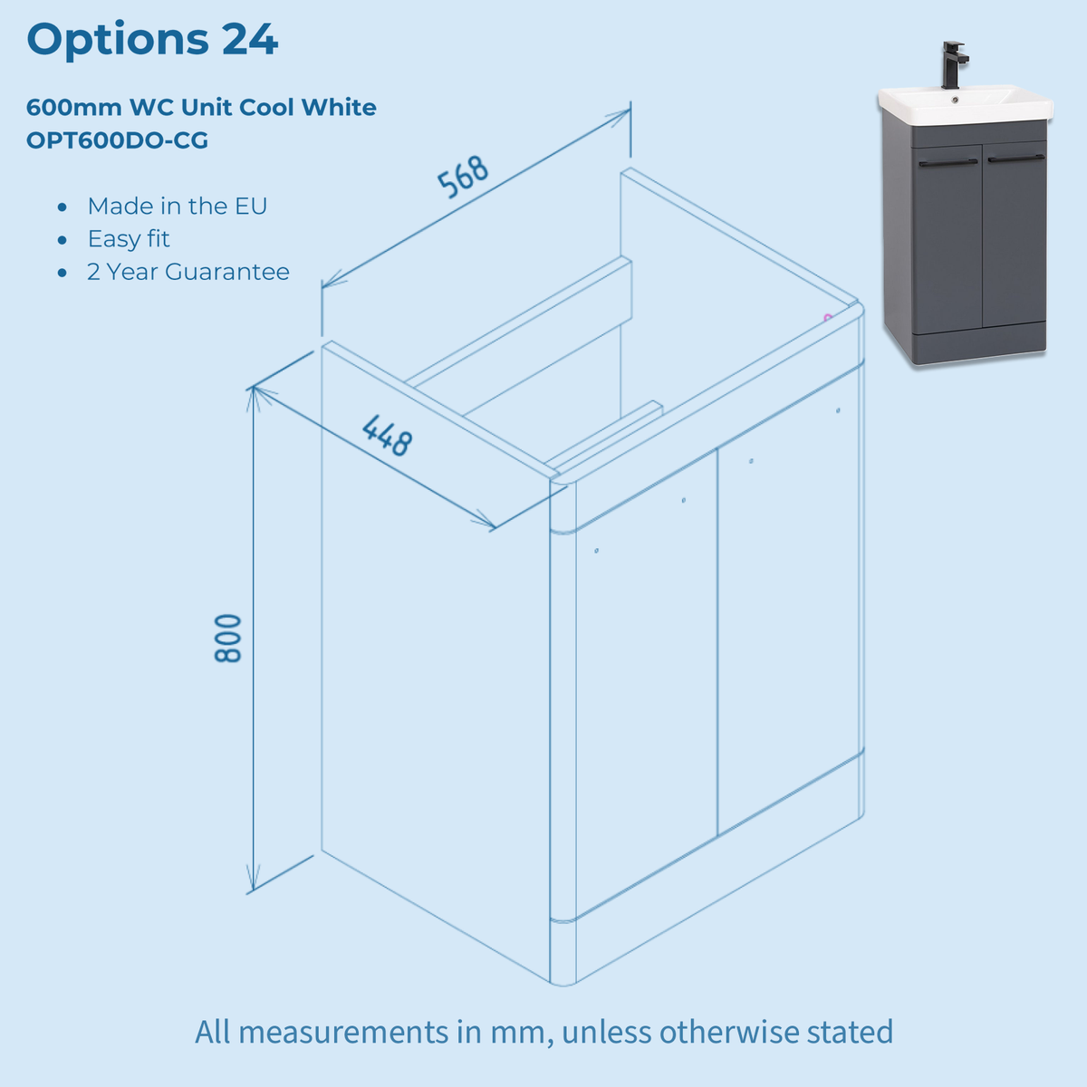 Kartell Options 24 600mm Cool Grey 2 Door Vanity Unit & 600mm Rectangular Floorstanding Basin with handles