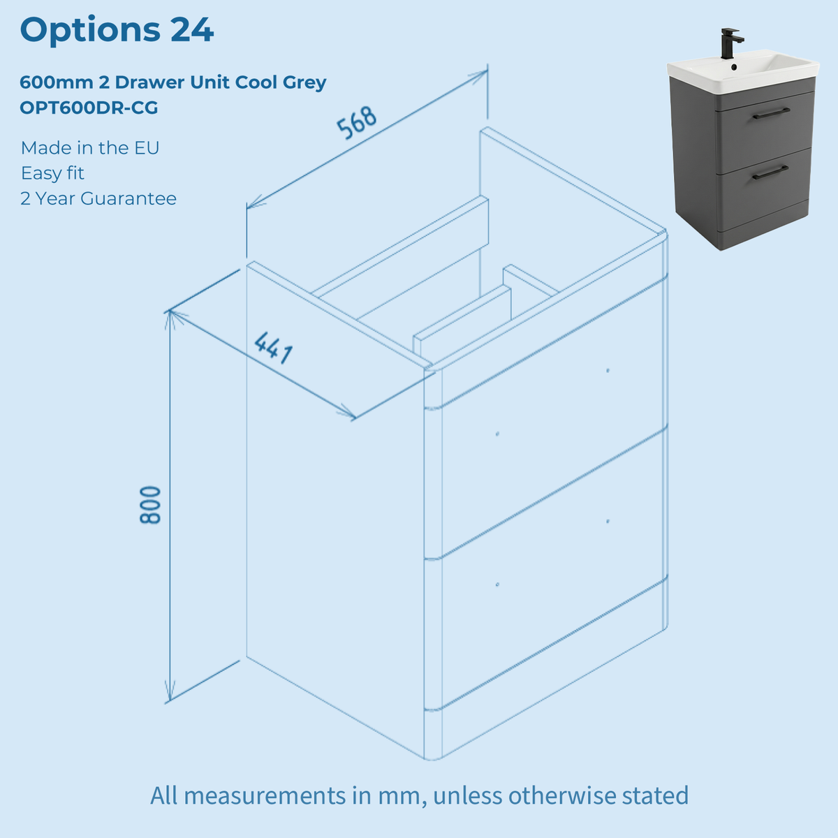 Kartell Options 24 600mm Cool Grey 2 Drawer Vanity Unit & 600mm Rectangular Floorstanding Basin with handles