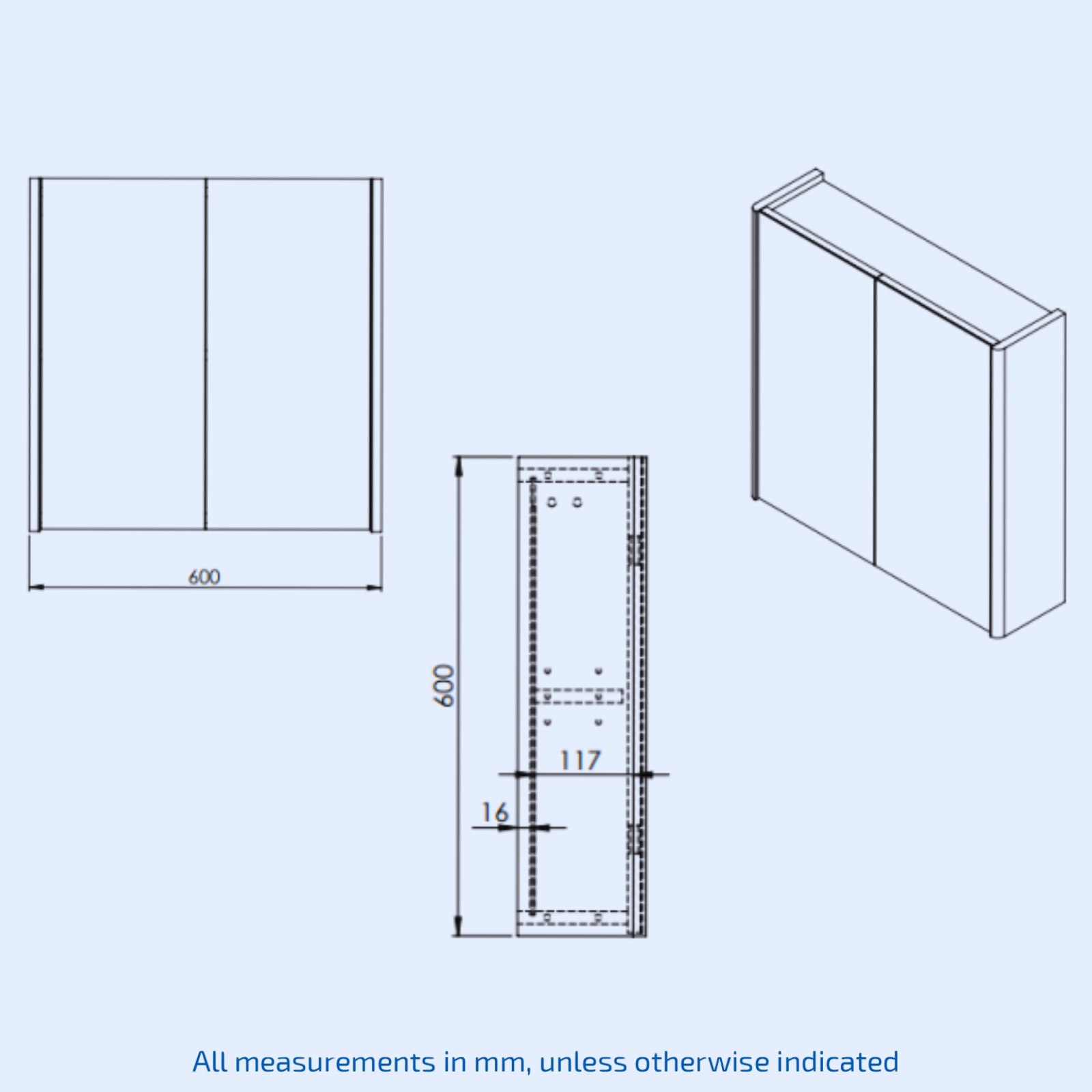 Kartell Modern Options 24 600mm W x 600mm H Cool Grey Wall Mounted Mirror Cabinet - OPT600MIR-CG