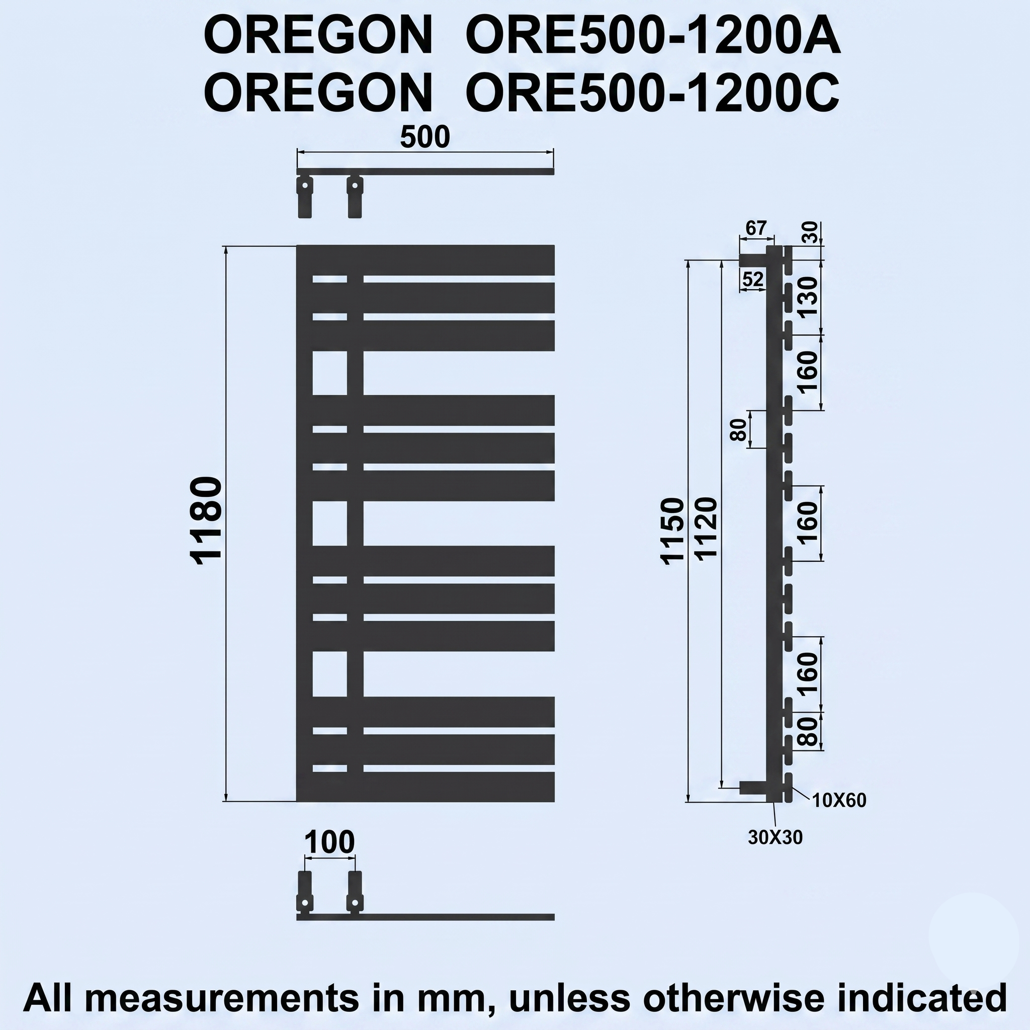 Kartell Oregon Design 1180mm H x 500mm W Chrome Vertical Designer Towel Rail - ORE500-1200C