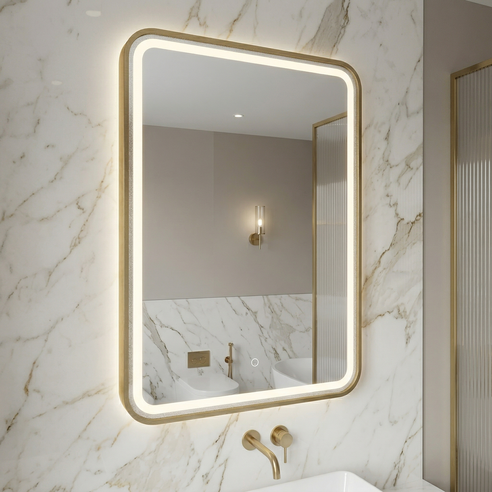 Kartell Ottone 500mm W x 700mm H Rectangle Brushed Brass Frame Front Lid LED Mirror Wall Mounted - OT5070