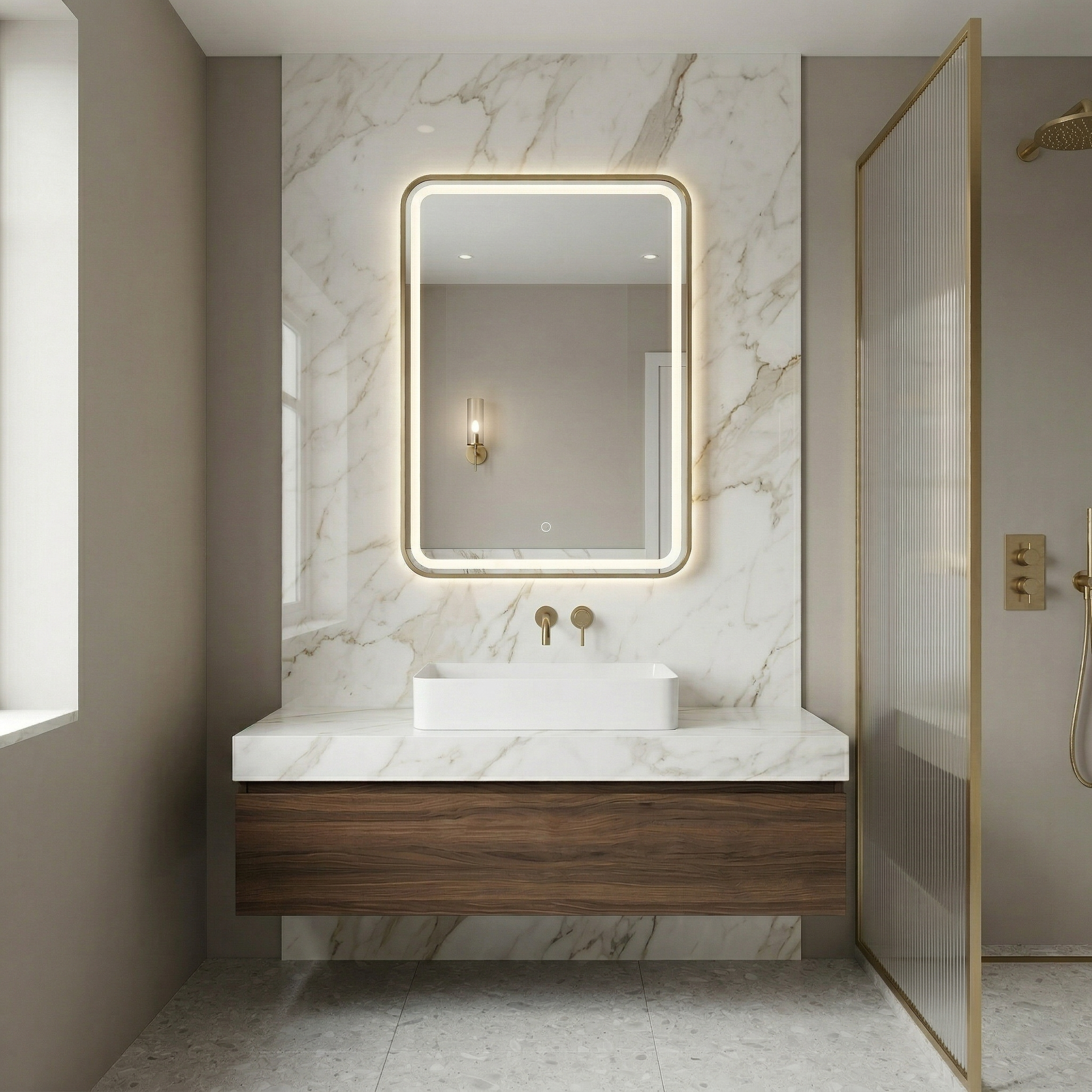 Kartell Ottone 500mm W x 700mm H Rectangle Brushed Brass Frame Front Lid LED Mirror Wall Mounted - OT5070