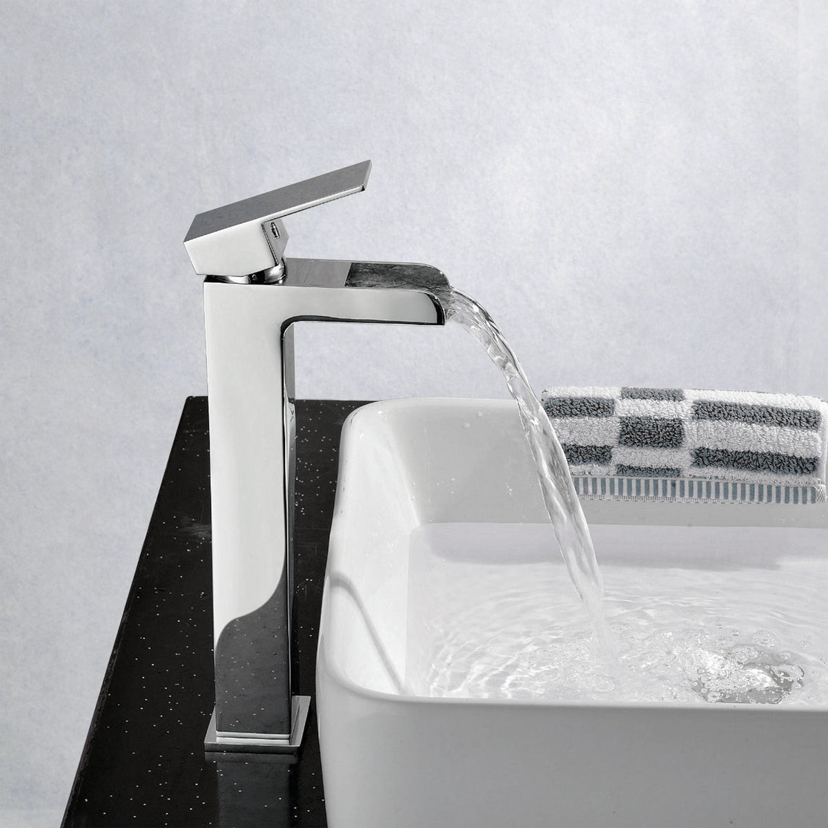 Ozone Square Waterfall Bathroom High Rise Basin Sink Mono Mixer Chrome Tap And Waste Set