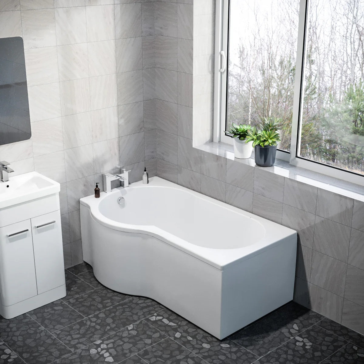 1500mm P Shaped Left Hand Curved Shower Bath Acrylic