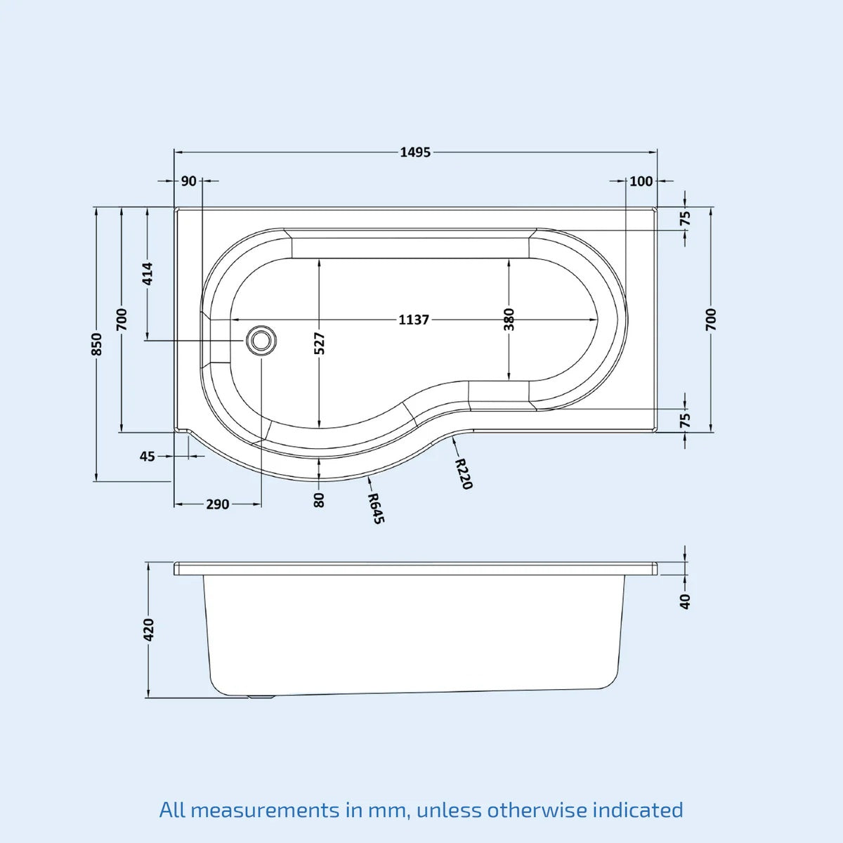 1500mm P Shaped Left Hand Curved Shower Bath Acrylic
