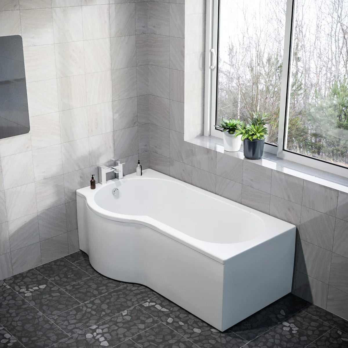 P Shaped 1600mm x 850mm RH Curved Shower Bath Acrylic & Front Panel