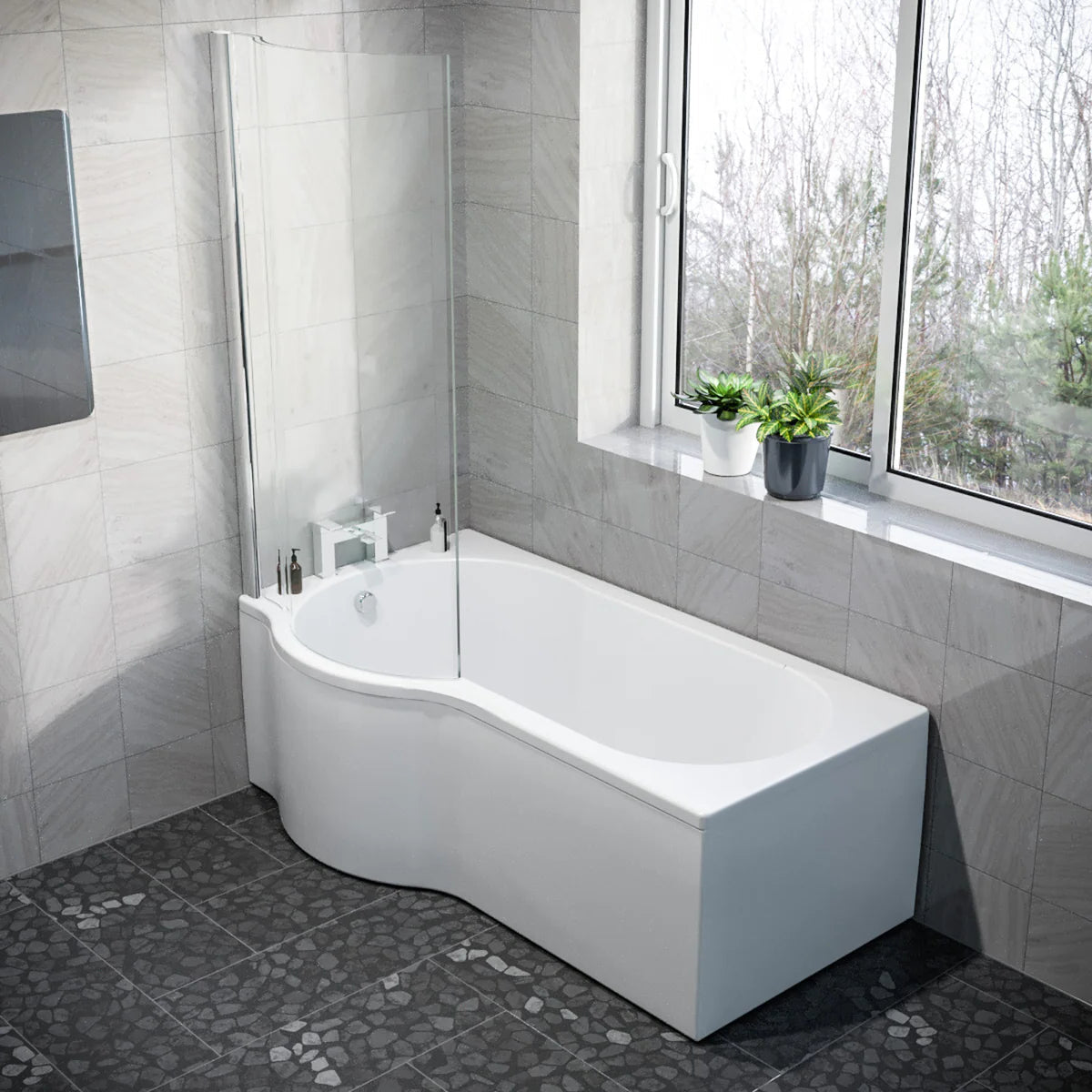 P Shaped 1600mm x 850mm RH Curved Shower Bath Acrylic & Front Panel & Bath Screen