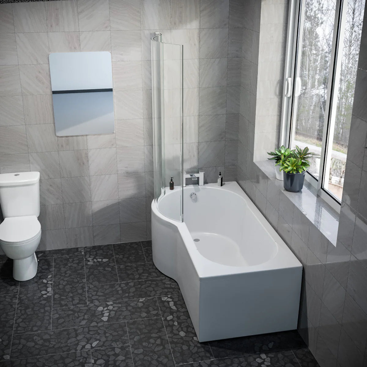 P Shaped 1600mm x 850mm RH Curved Shower Bath Acrylic & Front Panel & Bath Screen