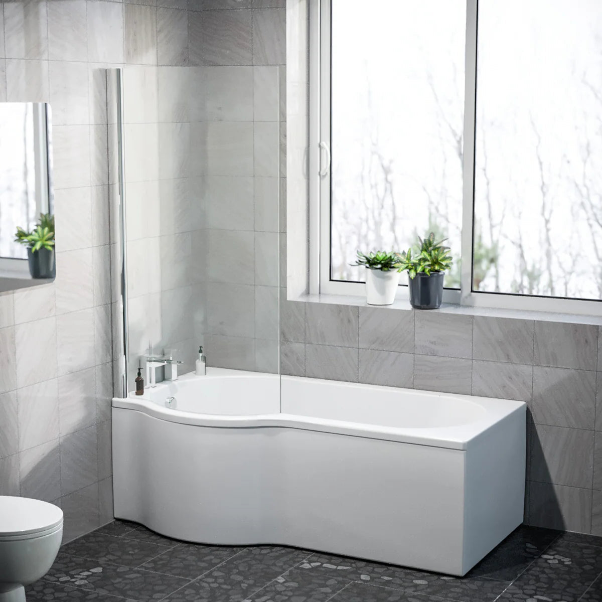 P Shaped 1600mm x 850mm RH Curved Shower Bath Acrylic & Front Panel & Bath Screen