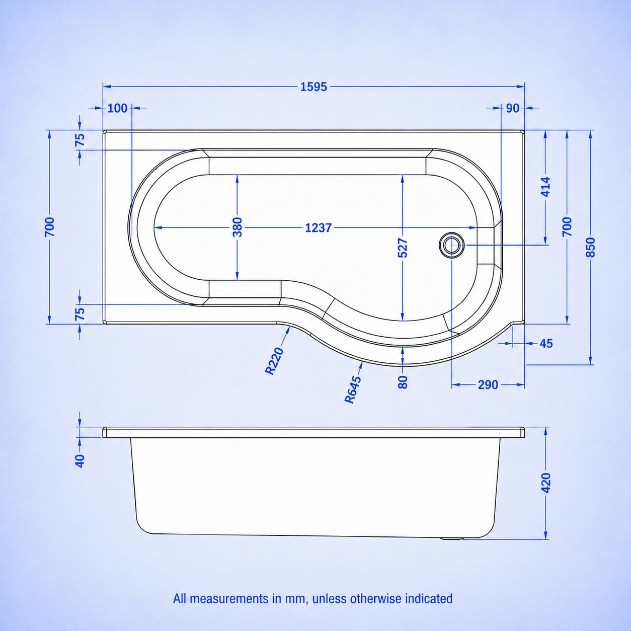 P Shaped 1600mm x 850mm RH Curved Shower Bath Acrylic & Front Panel