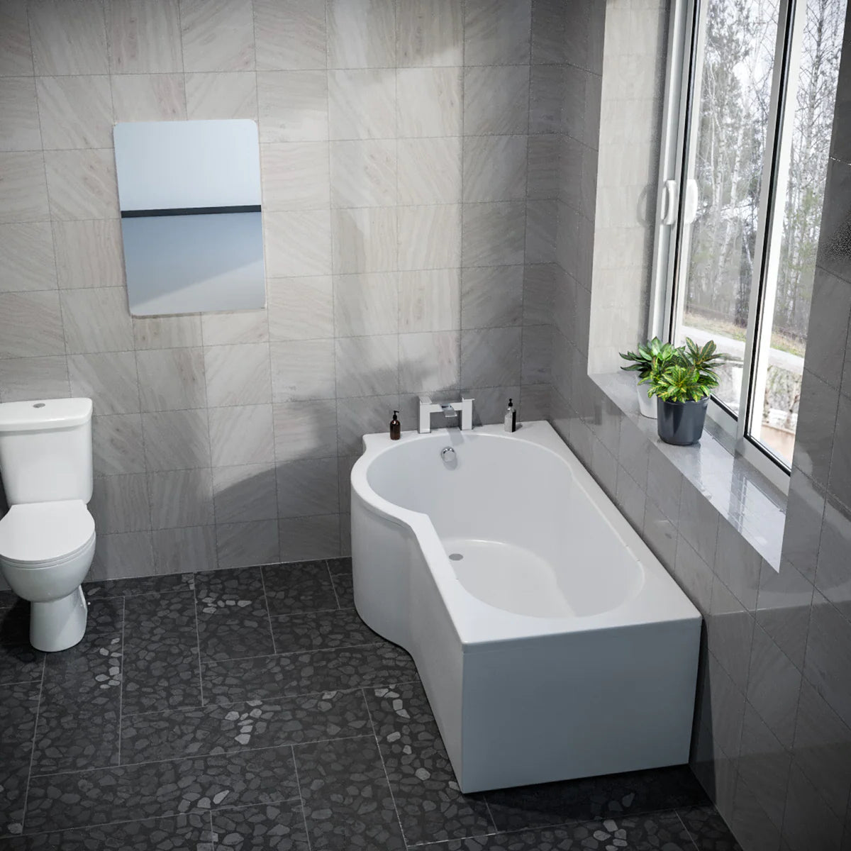 P Shaped 1600mm x 850mm RH Curved Shower Bath Acrylic & Front Panel
