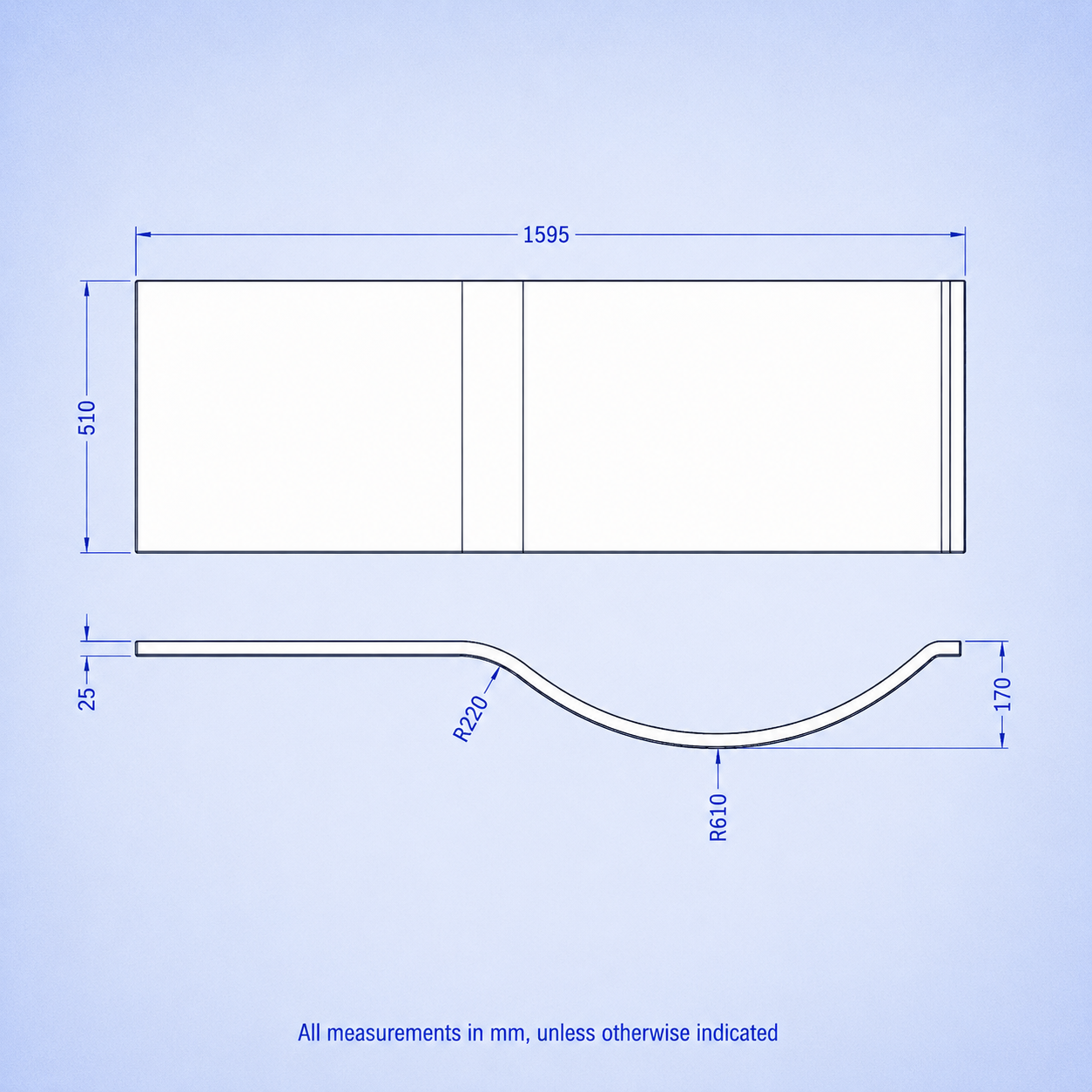 P Shaped 1600mm x 850mm RH Curved Shower Bath Acrylic & Front Panel
