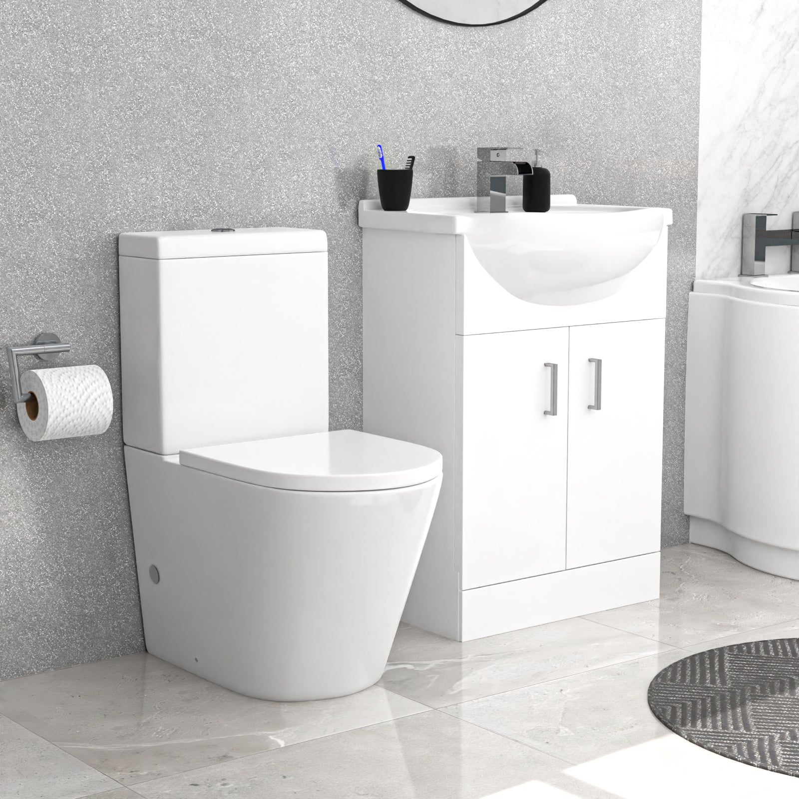 Ellen LH White P-Shaped Bath Suite WC Close Coupled Toilet Basin Vanity Unit