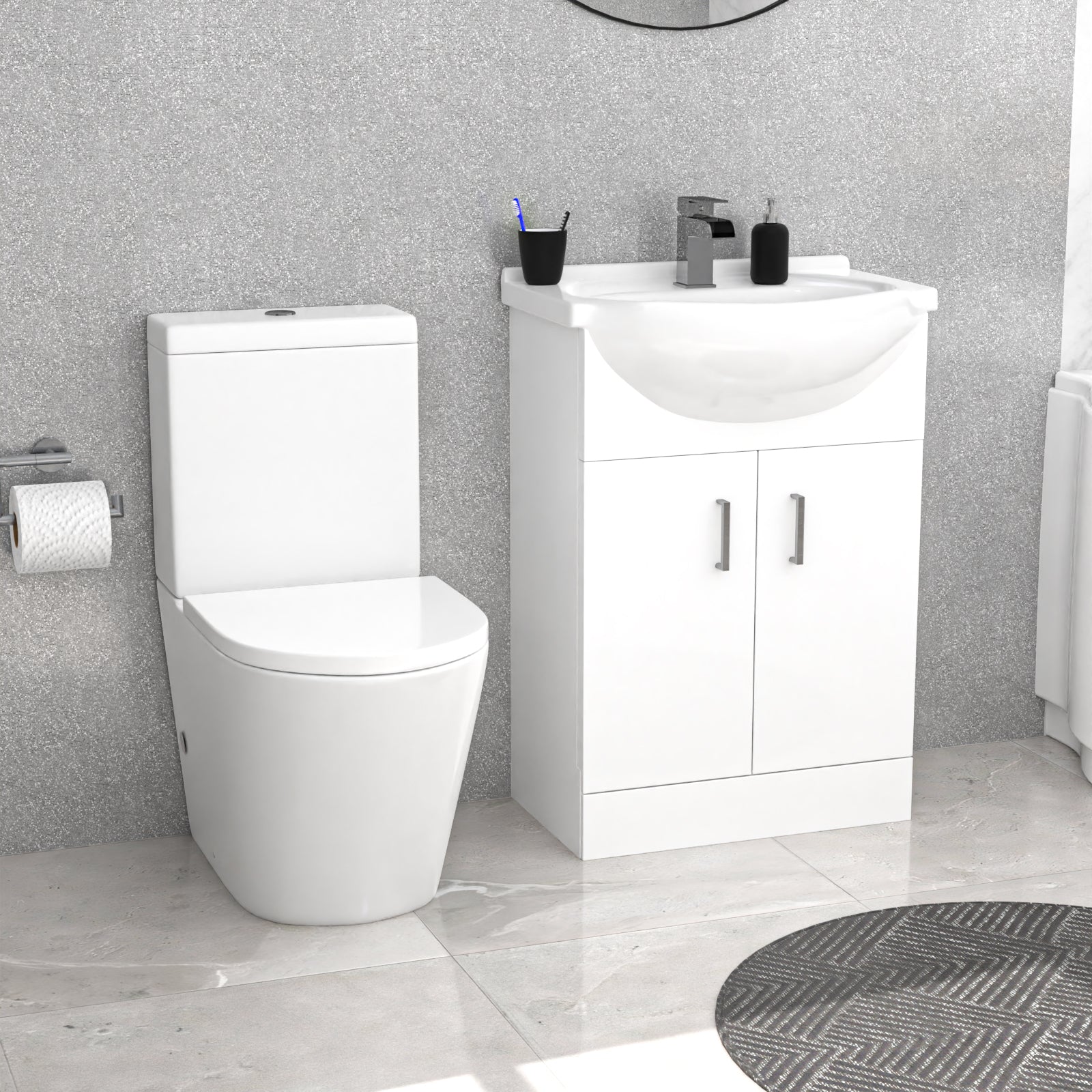 Ellen LH White P-Shaped Bath Suite WC Close Coupled Toilet Basin Vanity Unit