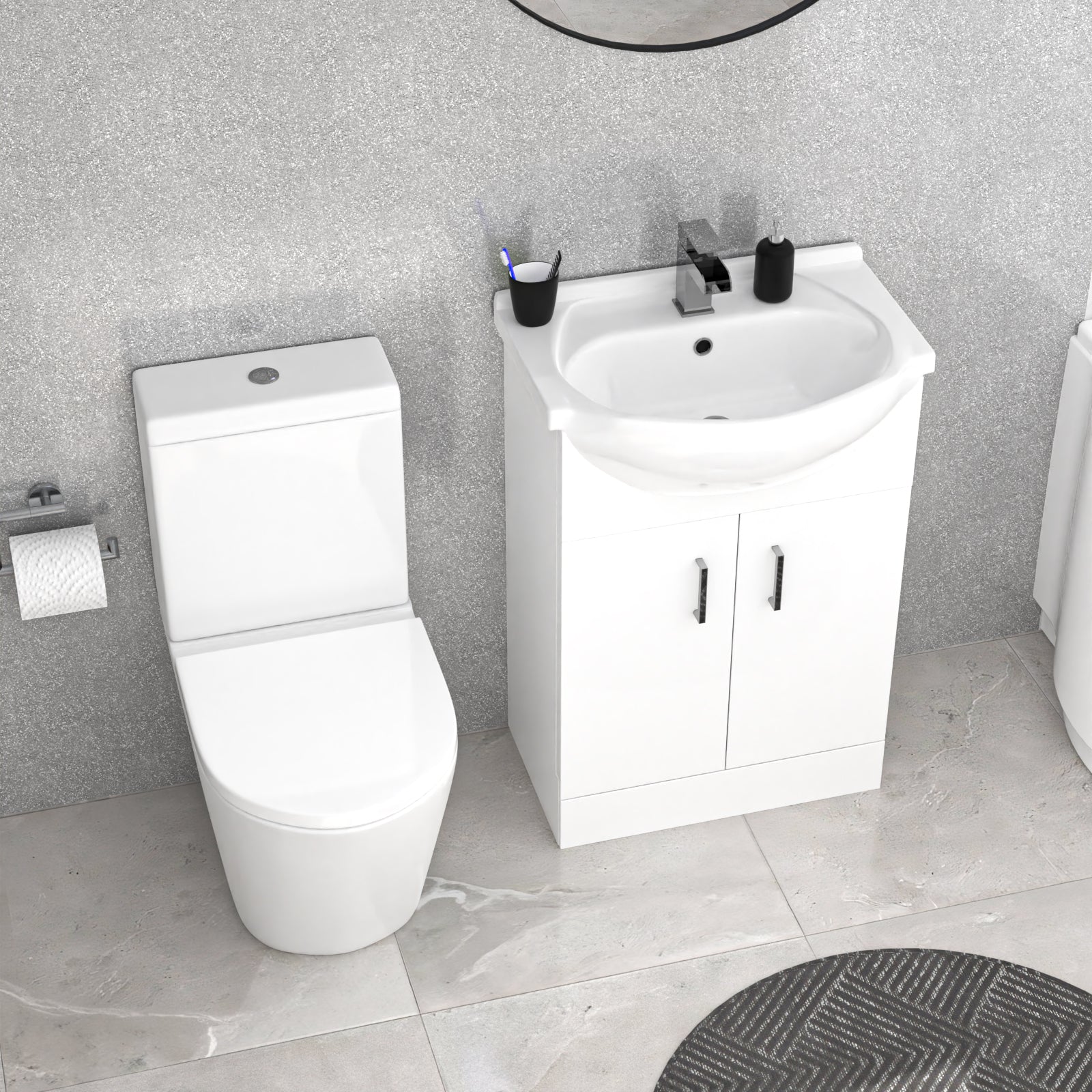 Ellen LH White P-Shaped Bath Suite WC Close Coupled Toilet Basin Vanity Unit